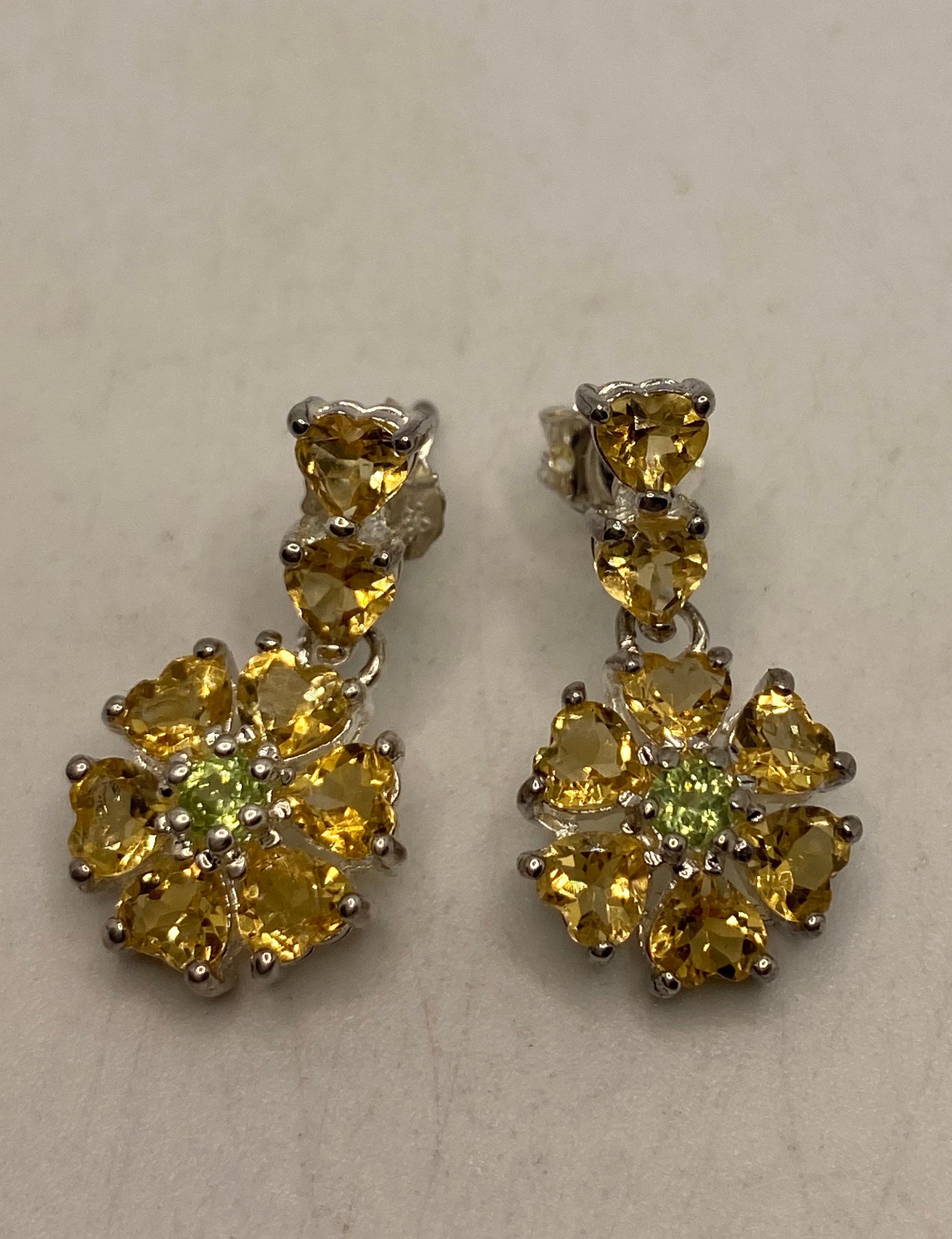 Vintage Citrine Peridot Flower Earrings 925 Sterling Silver Deco