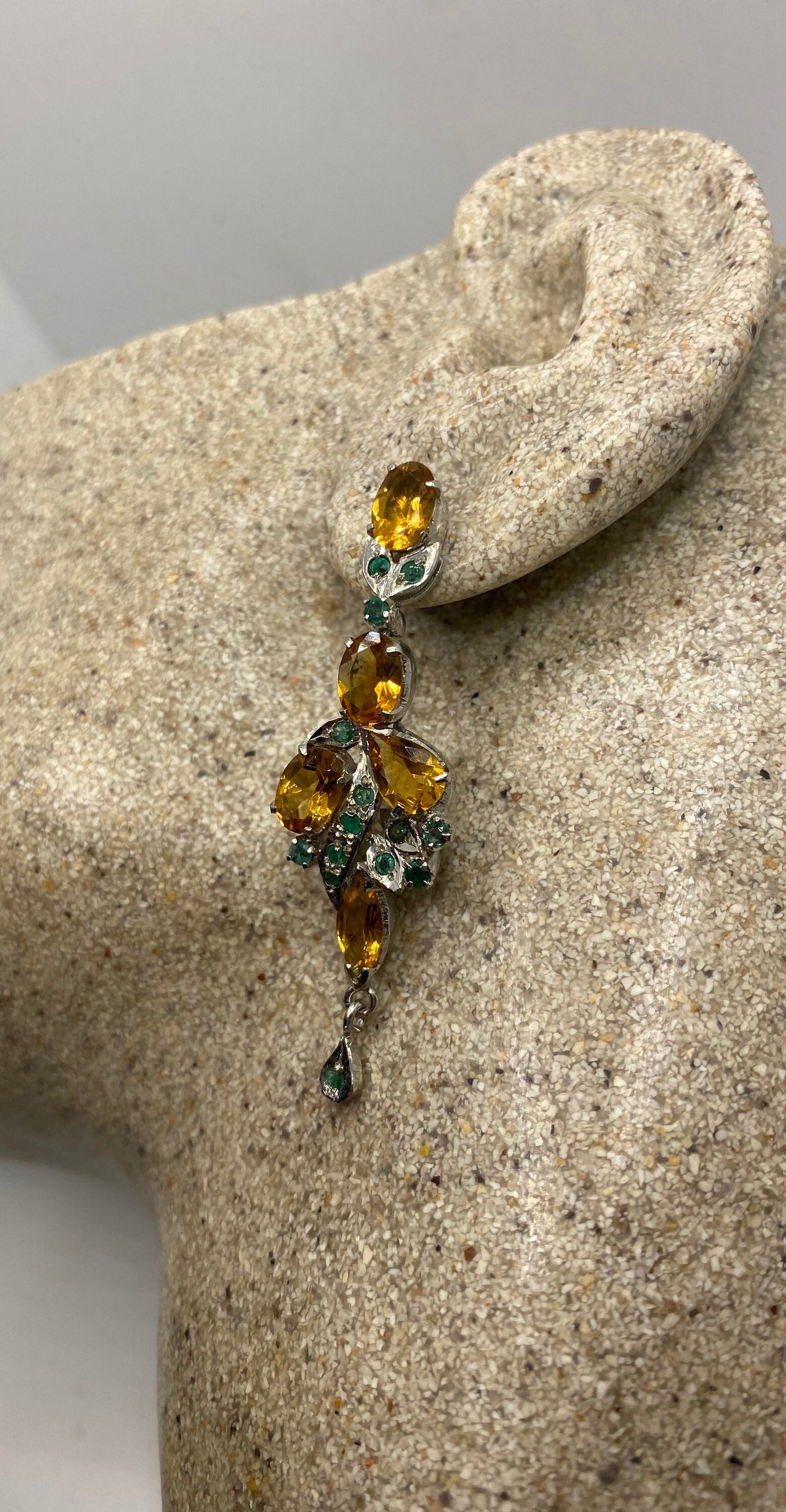 Vintage Citrine Emerald Earrings 925 Sterling Silver Deco