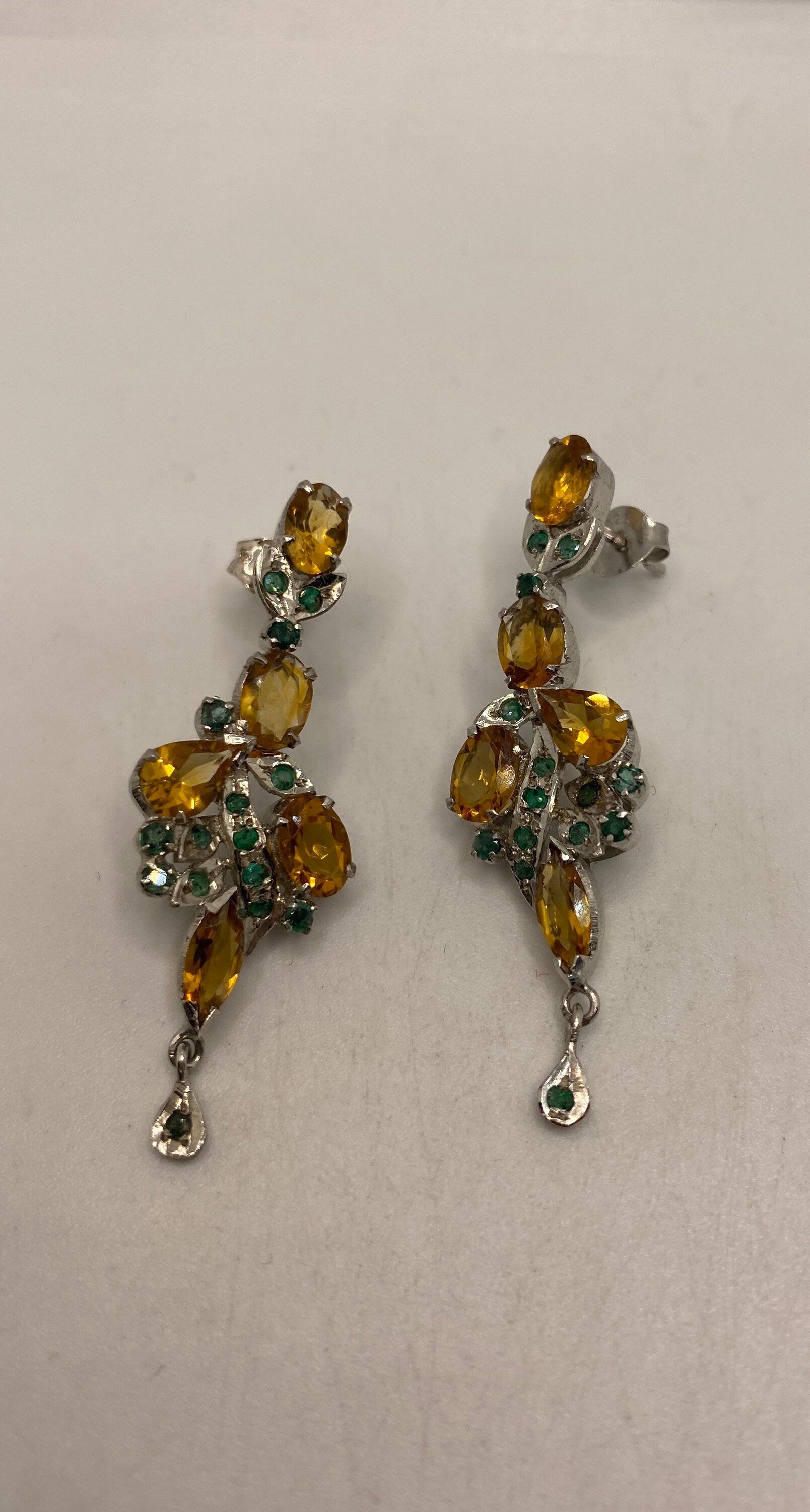 Vintage Citrine Emerald Earrings 925 Sterling Silver Deco