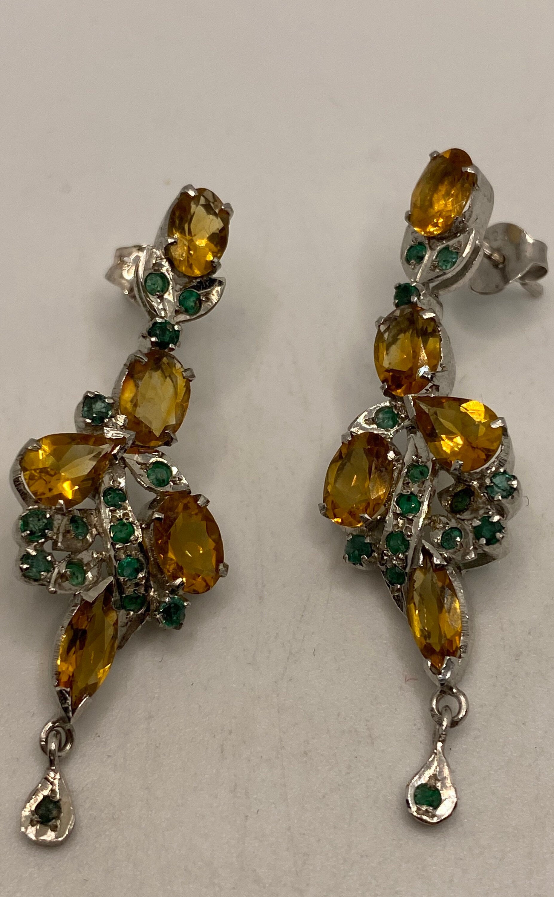 Vintage Citrine Emerald Earrings 925 Sterling Silver Deco