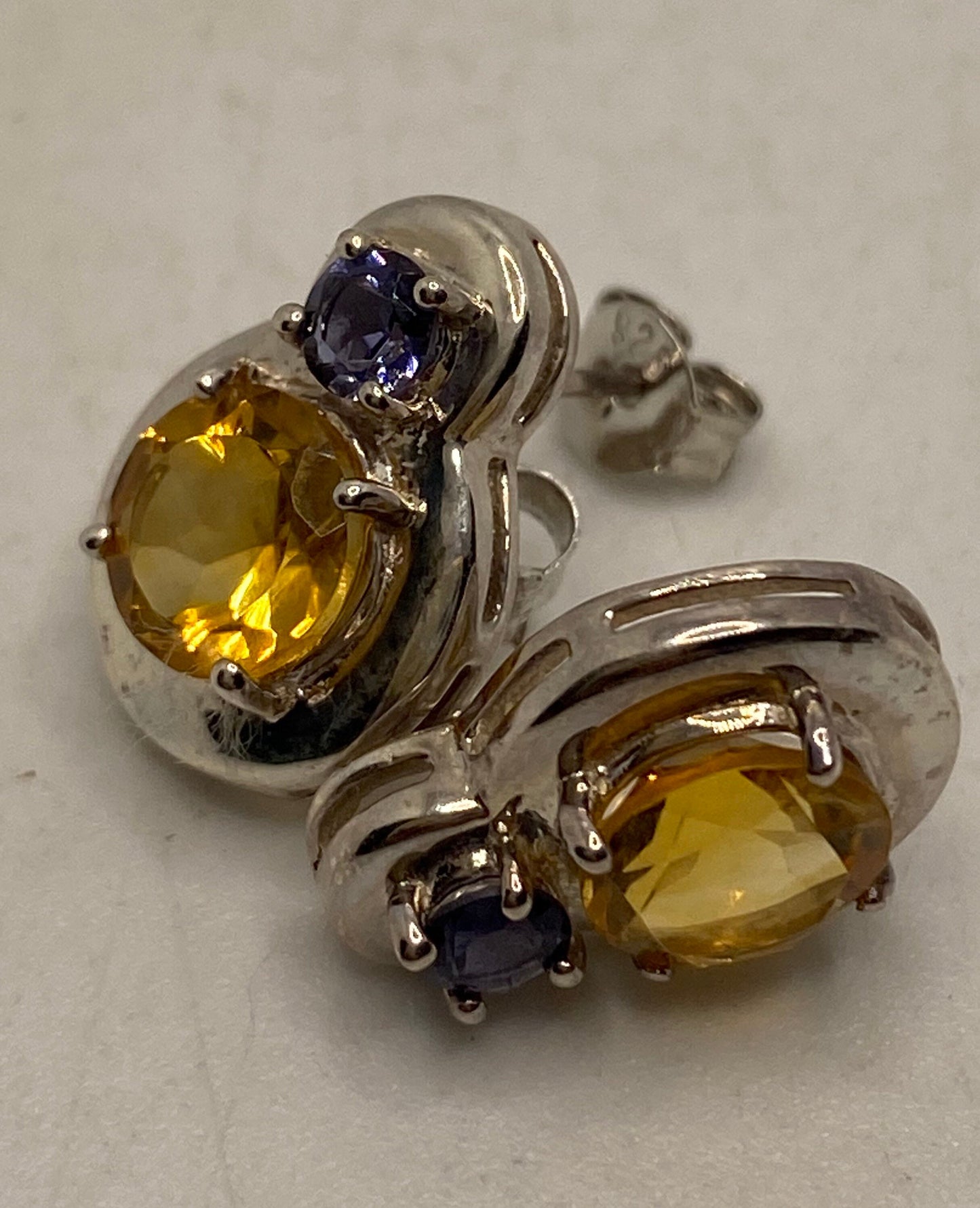 Vintage Citrine Blue Iolite Earrings 925 Sterling Silver Deco