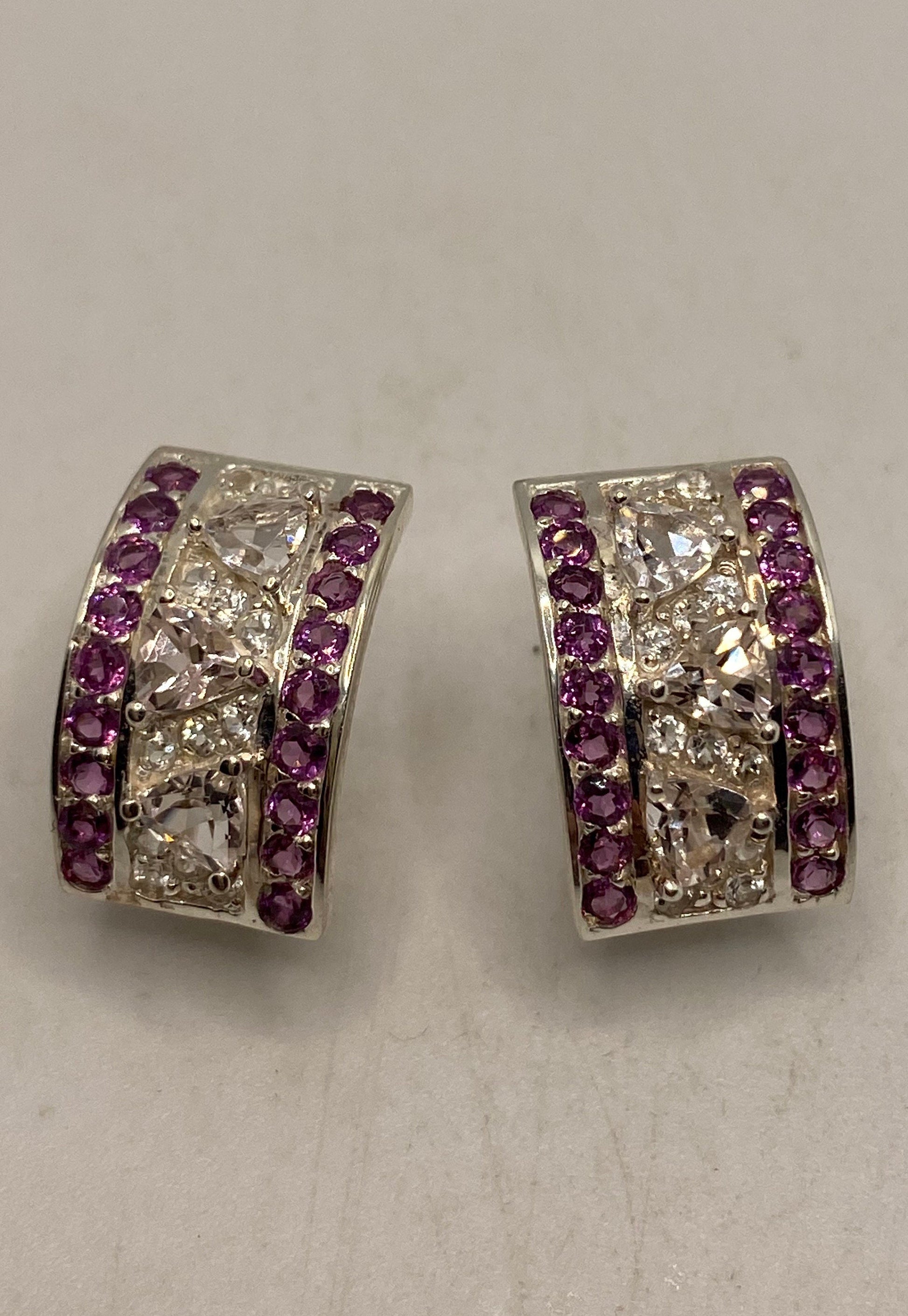 Vintage 925 Sterling Silver Deep Pink and Kunzite Ruby Earrings