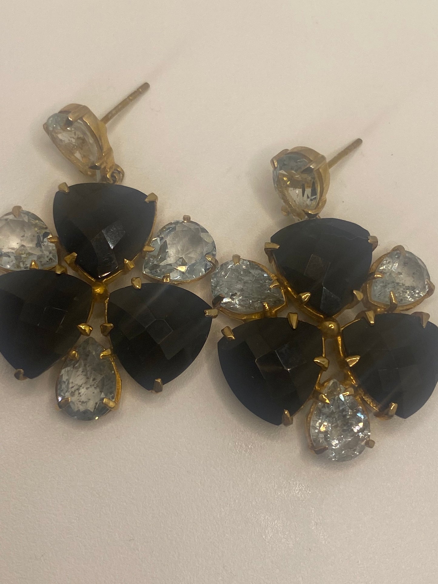 Vintage Black Onyx Blue Aquamarine 925 Sterling Silver Chandlelier Dangle Deco Earrings