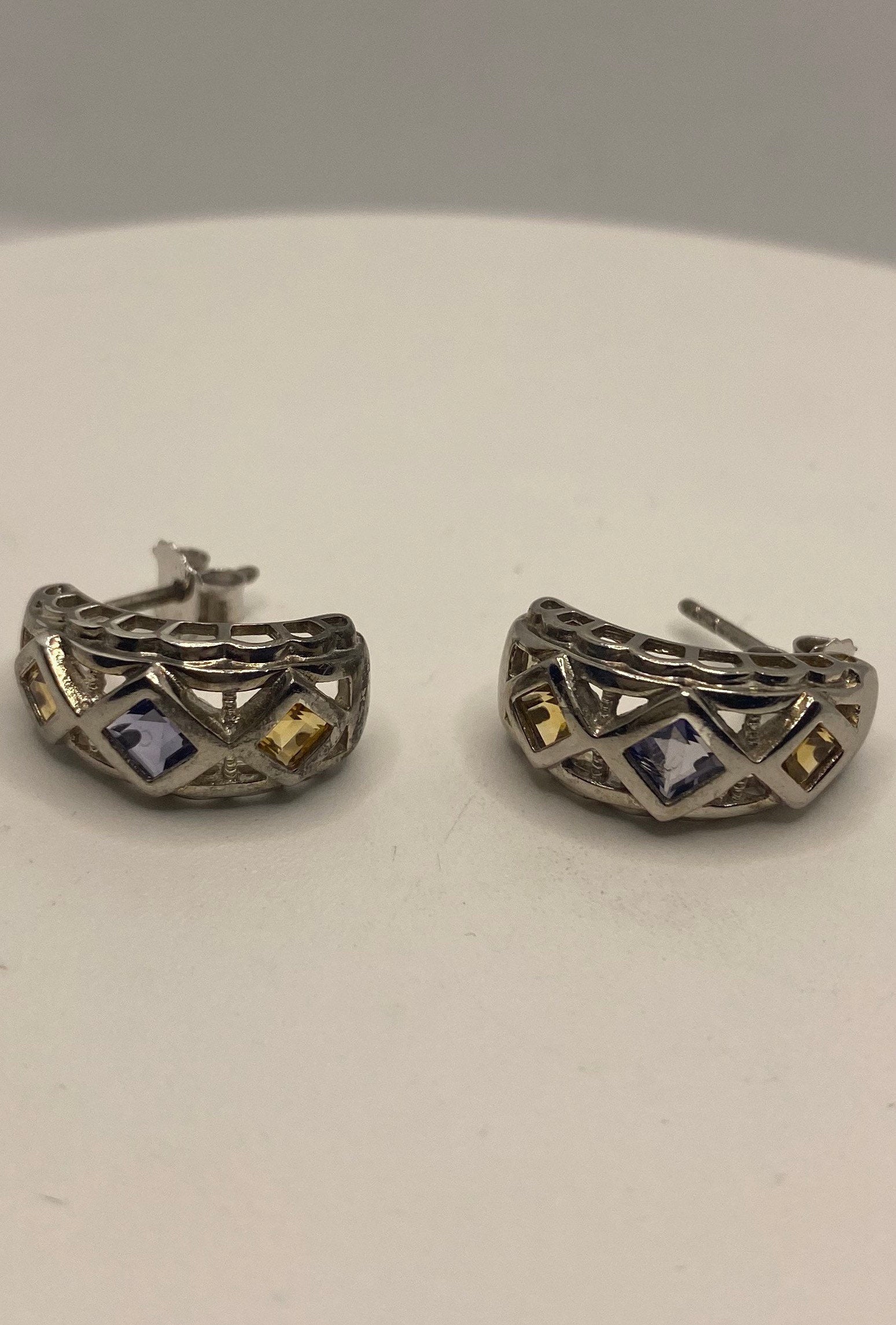 Vintage Citrine Blue Iolite Earrings 925 Sterling Silver Deco