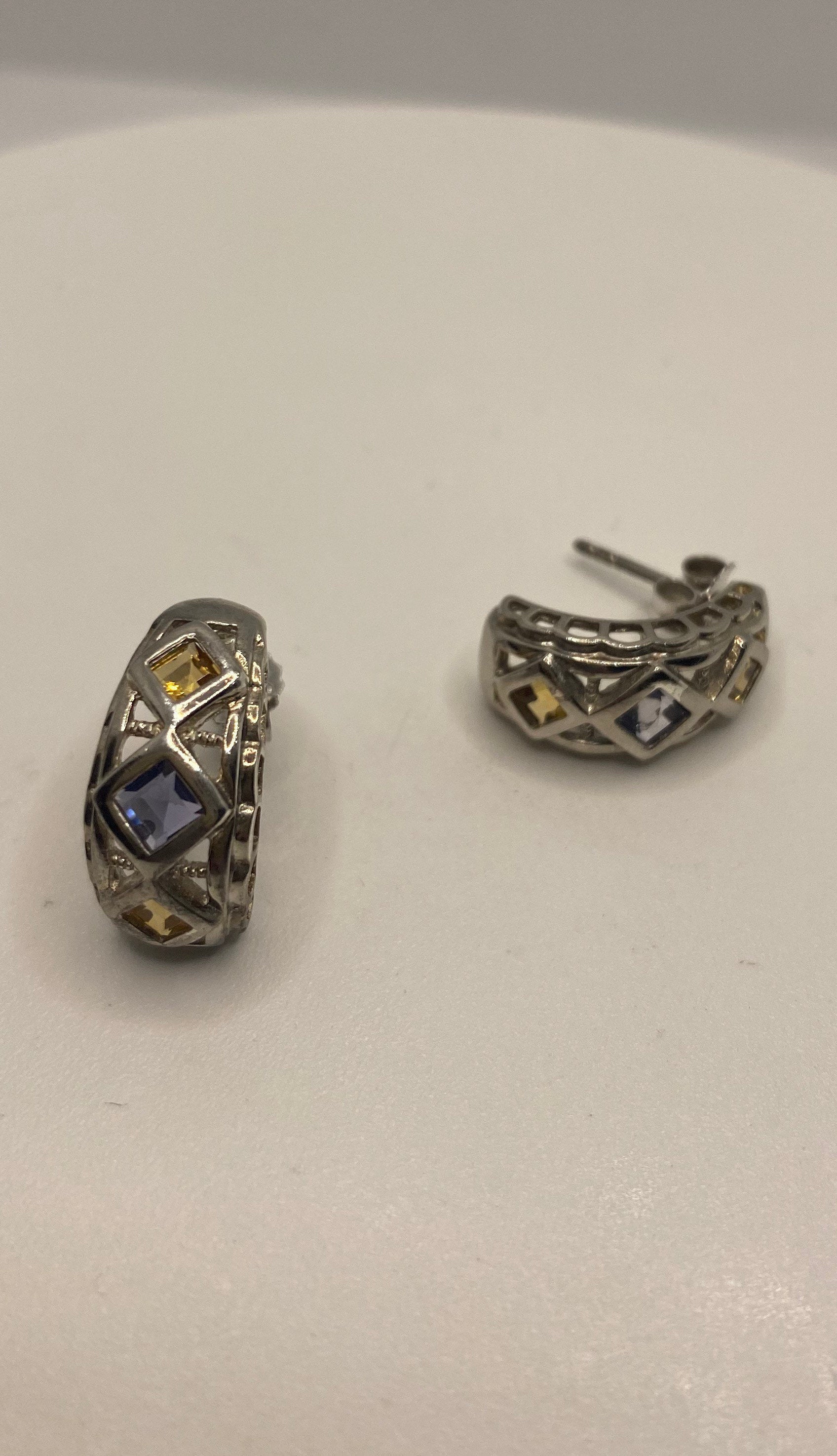 Vintage Citrine Blue Iolite Earrings 925 Sterling Silver Deco