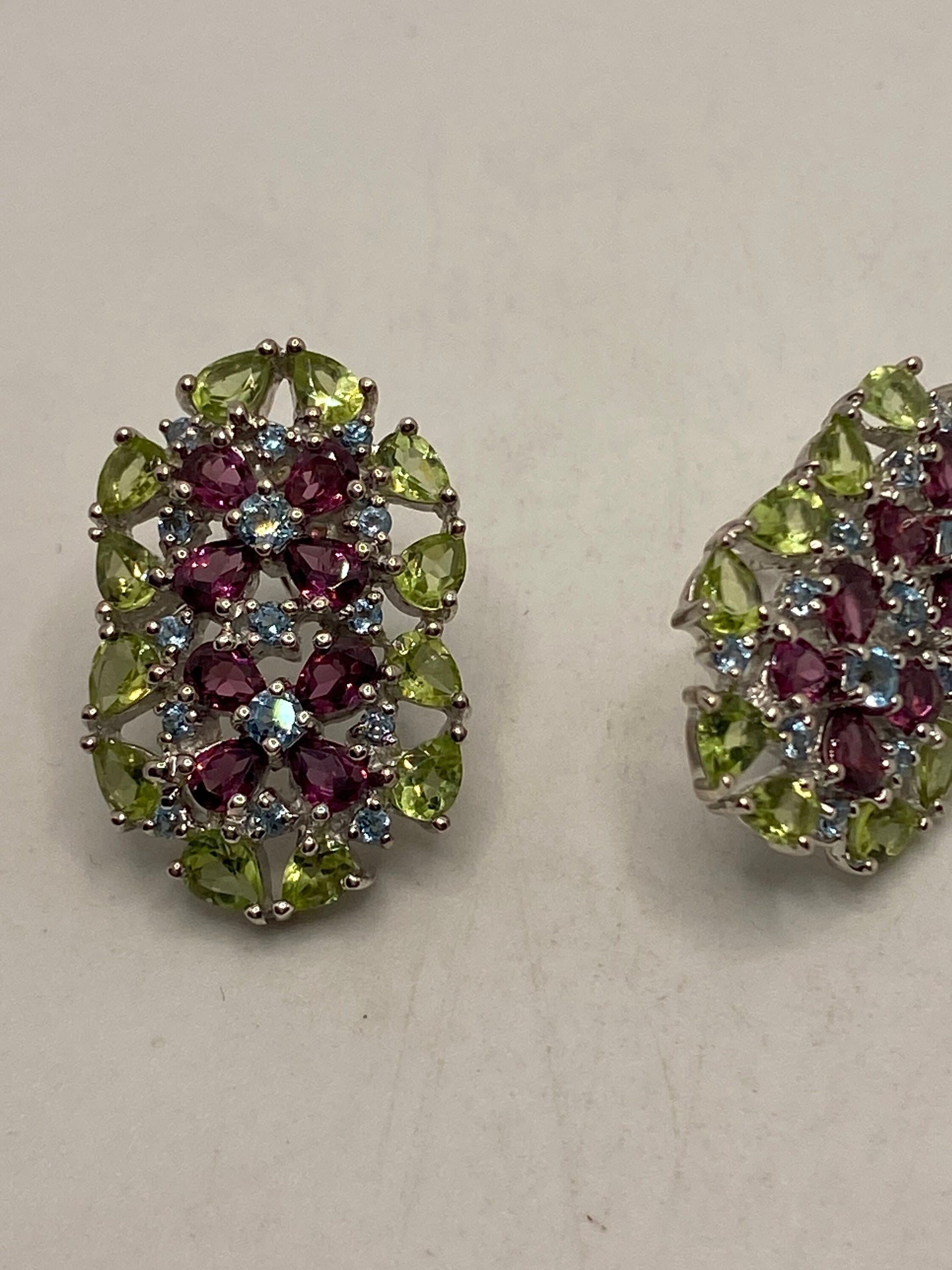 Vintage Handmade Sterling Silver Genuine Tourmaline Stud button Earrings