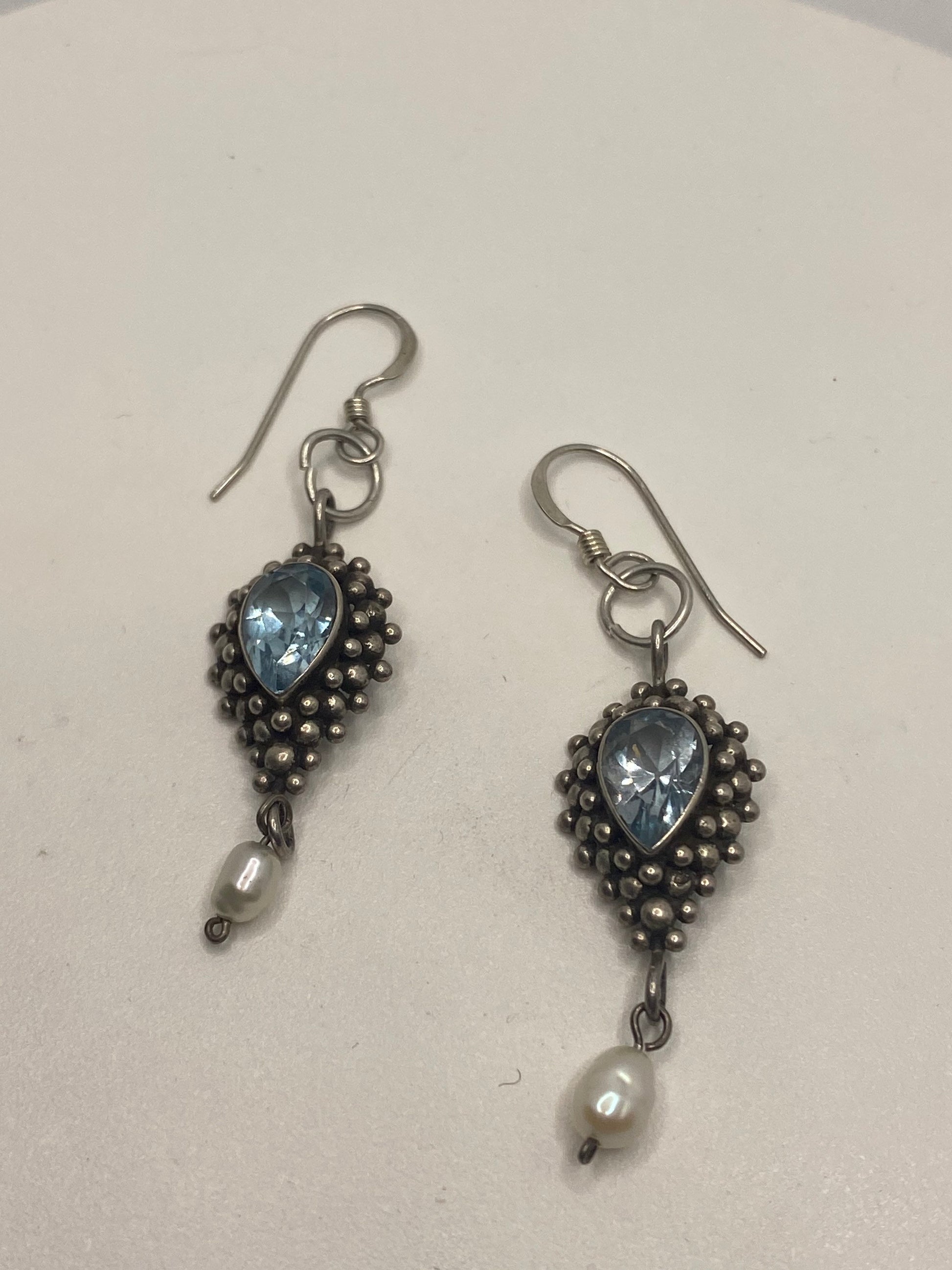 Vintage Genuine Blue Topaz Gemstone 925 Sterling Silver Earrings