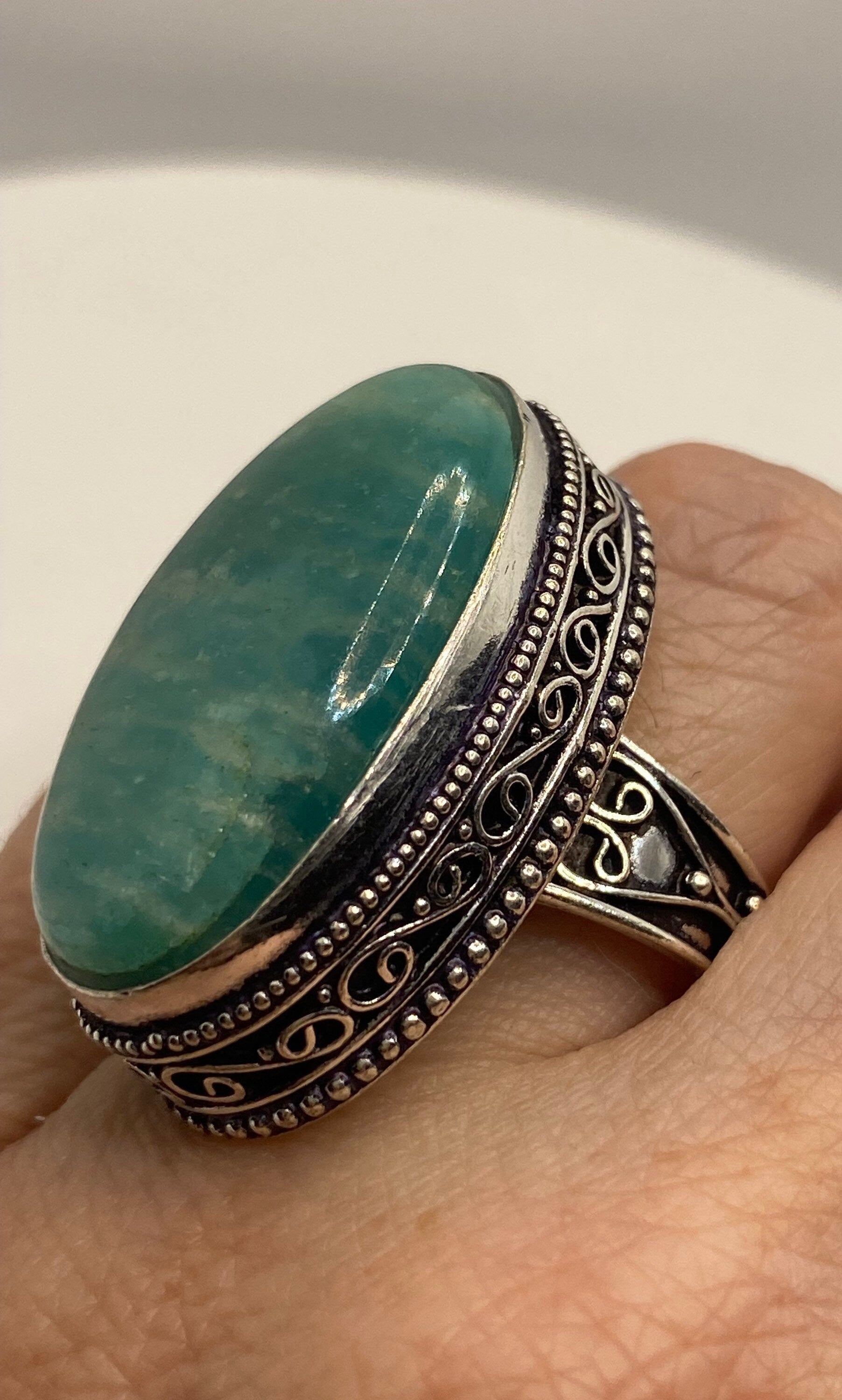 Vintage Green Amazonite Silver Ring Size 8