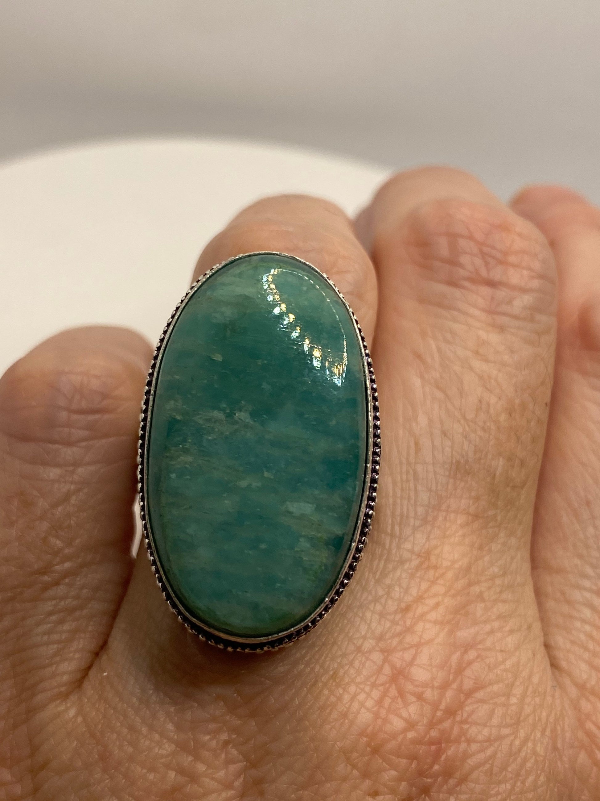 Vintage Green Amazonite Silver Ring Size 8