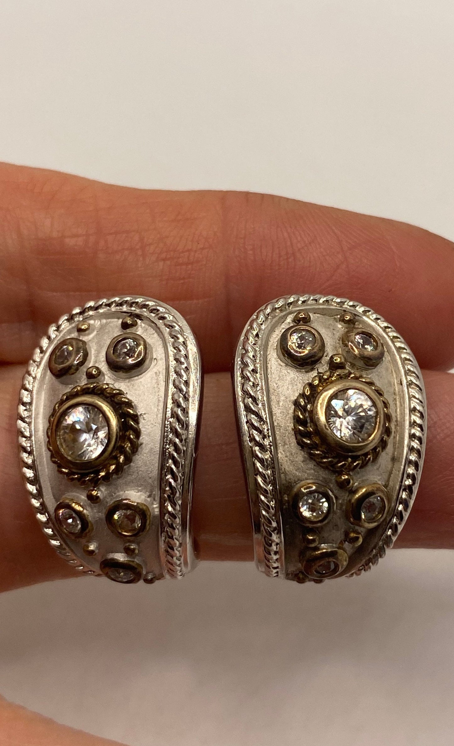 Vintage Genuine White Sapphire 925 Sterling Silver Dangle Hoop Earrings