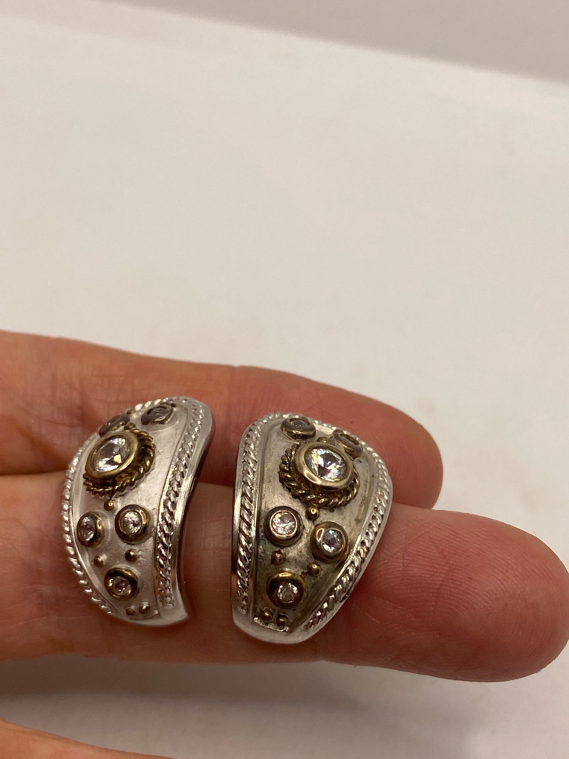 Vintage Genuine White Sapphire 925 Sterling Silver Dangle Hoop Earrings