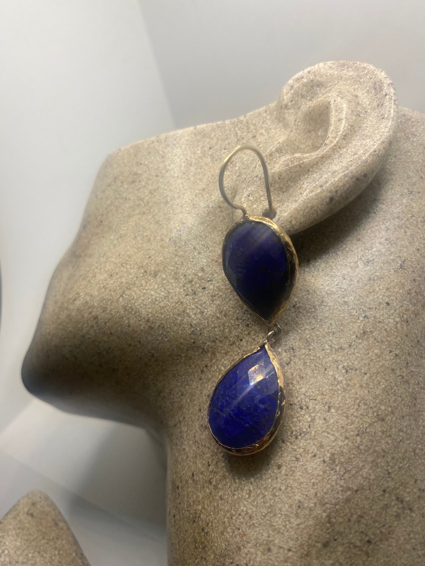 Vintage Blue Lapis Lazuli Earrings Golden 925 Sterling Silver Chandelier Dangle