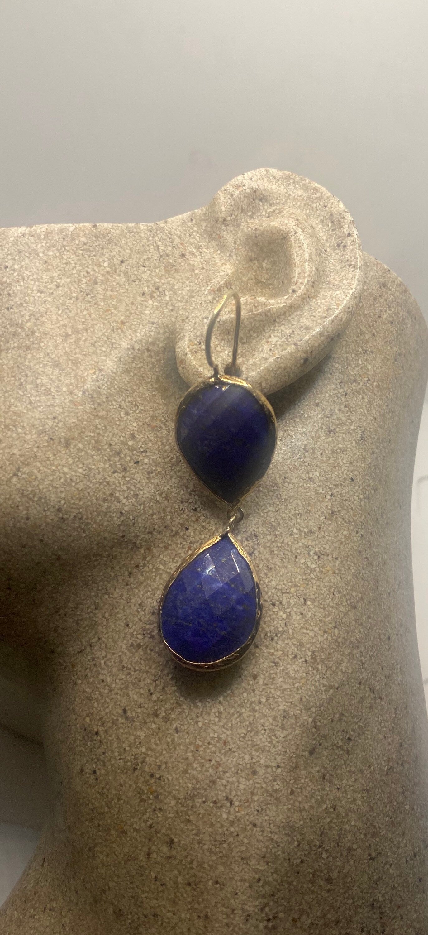 Vintage Blue Lapis Lazuli Earrings Golden 925 Sterling Silver Chandelier Dangle