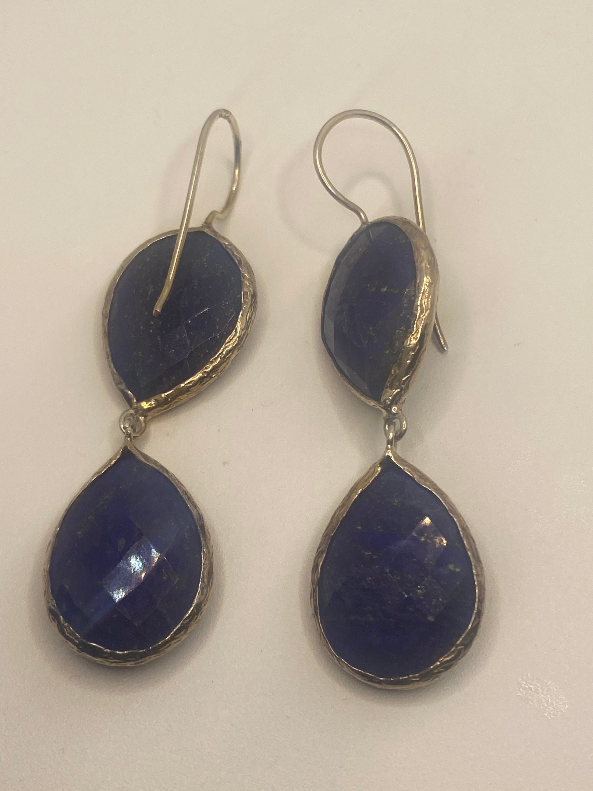 Vintage Blue Lapis Lazuli Earrings Golden 925 Sterling Silver Chandelier Dangle