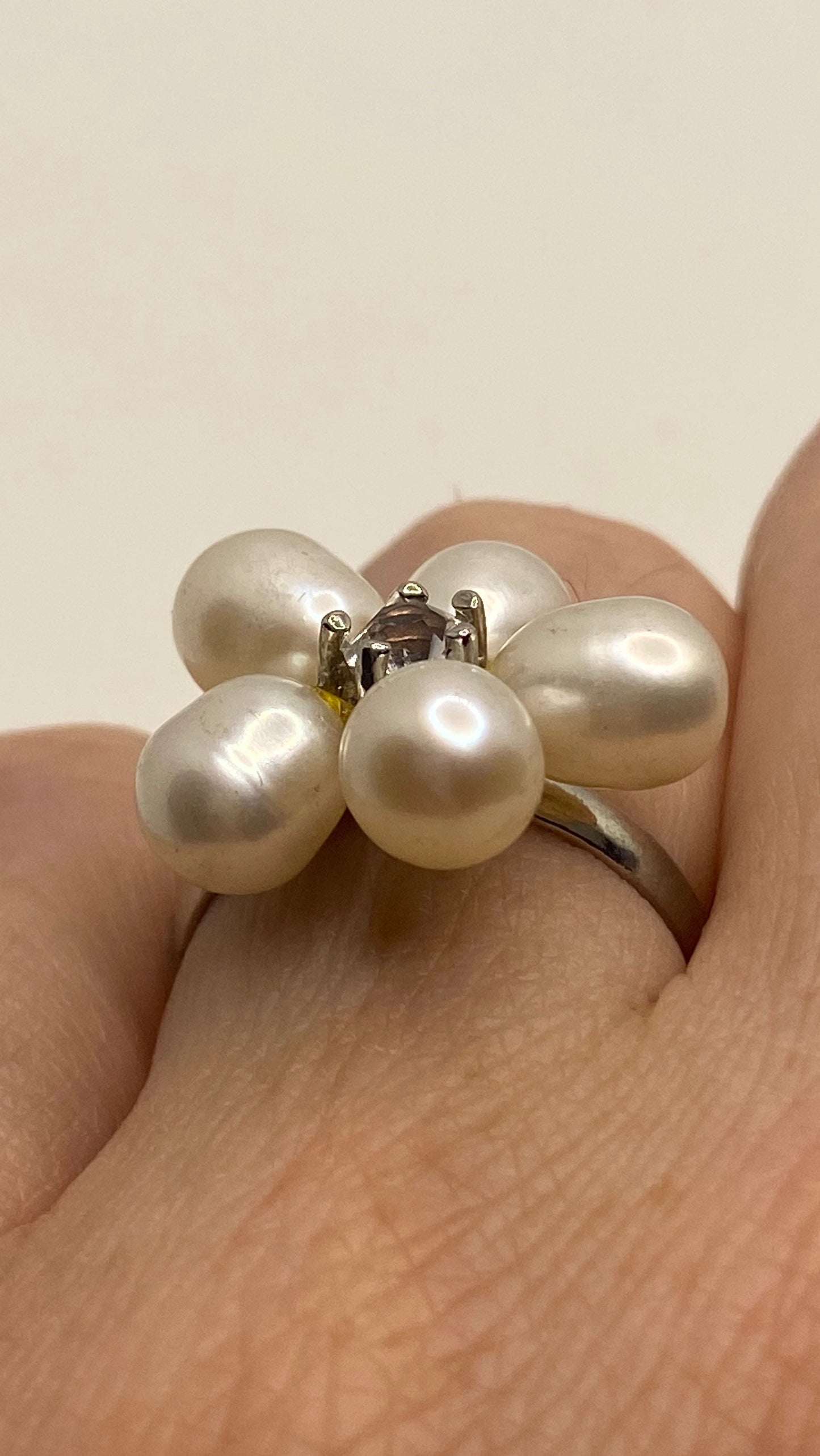 Vintage Pearl Flower Adjustable Silver Ring
