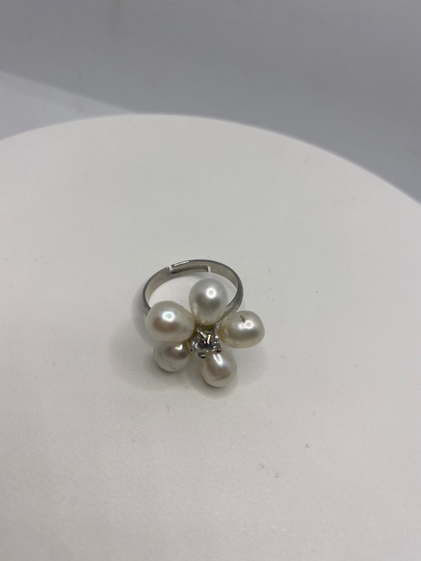 Vintage Pearl Flower Adjustable Silver Ring