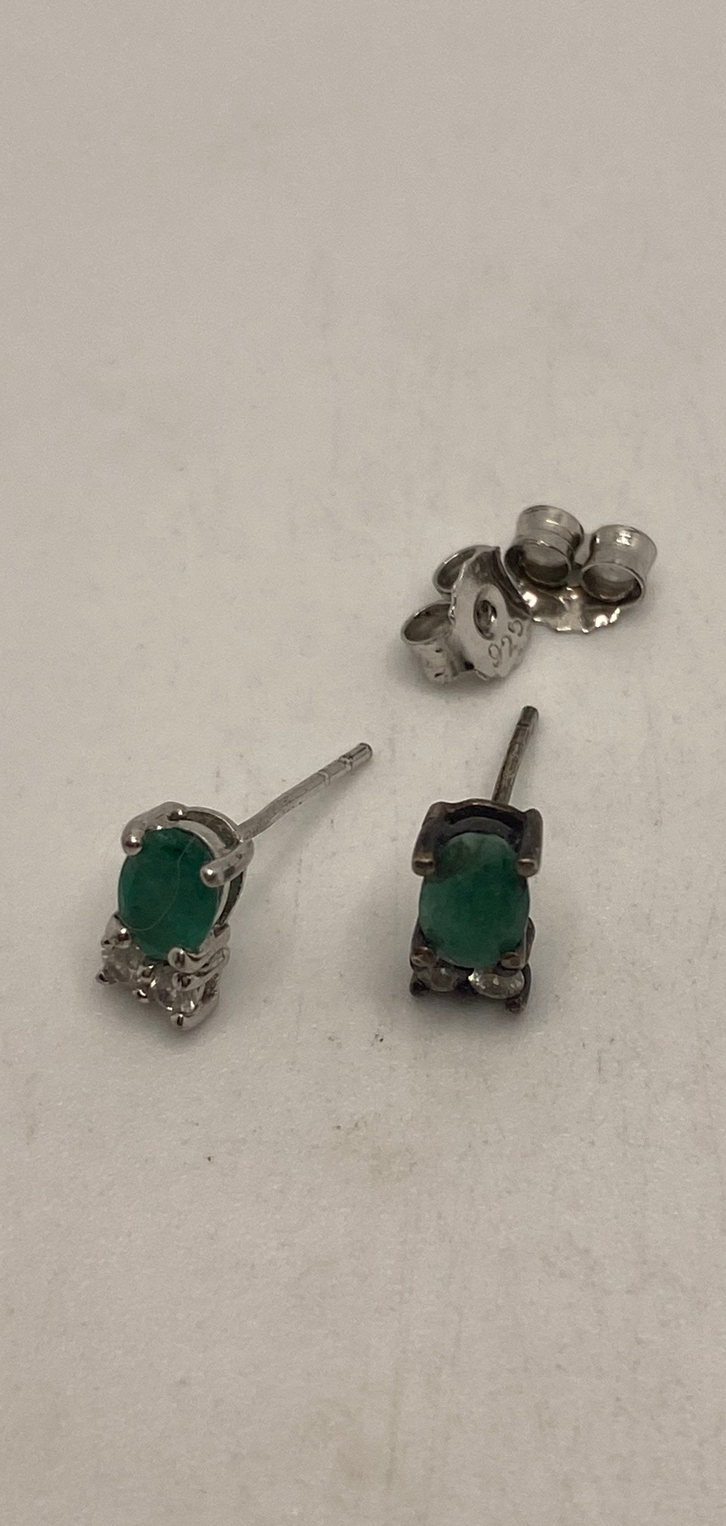 Vintage Emerald White Sapphire Stud Earrings 925 Sterling Silver buttons