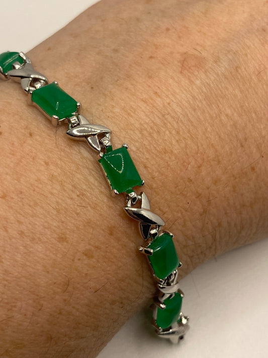 Vintage Green Jade Bracelet Sliver Bronze
