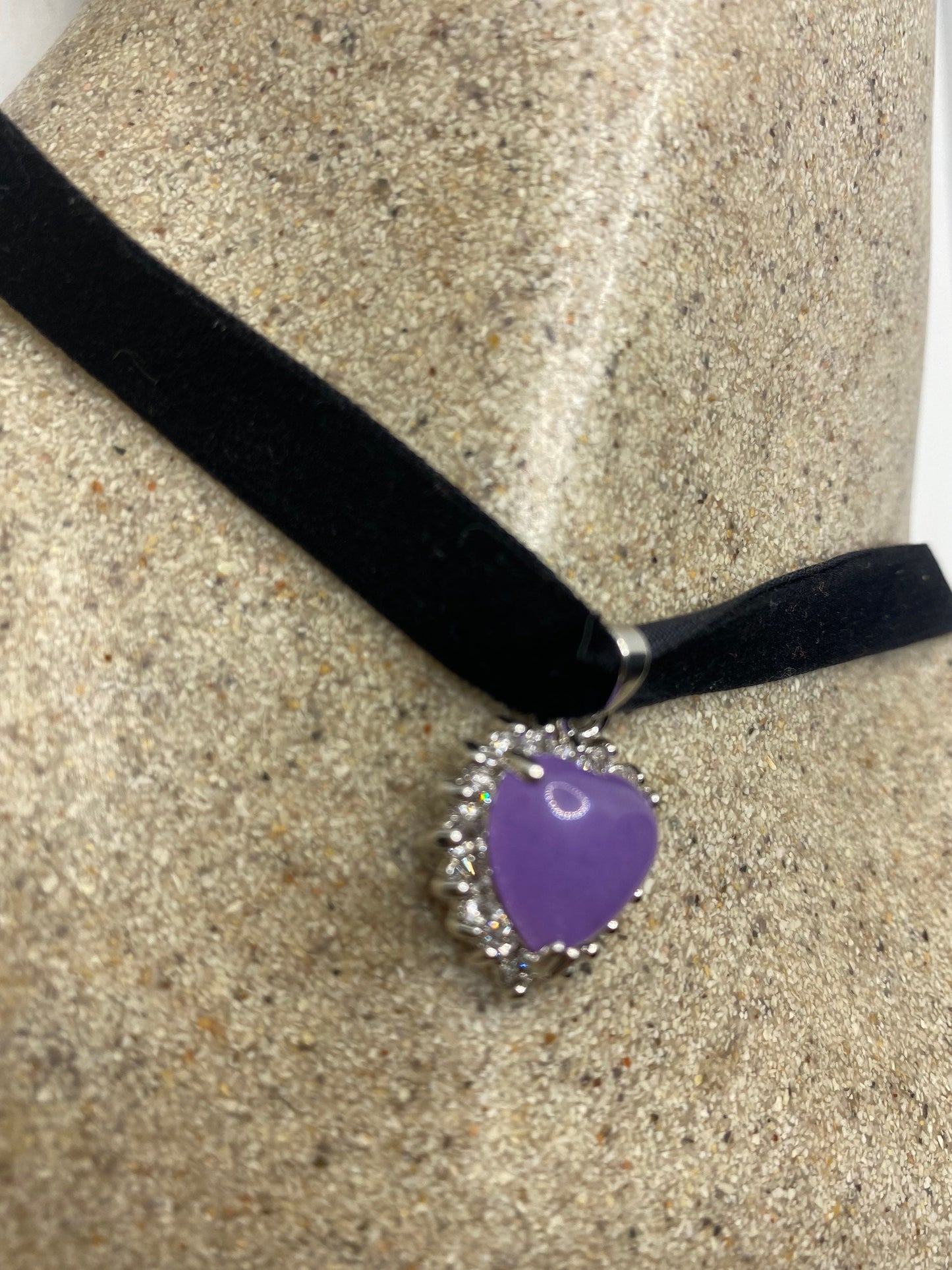 Vintage Lavender Jade Heart Choker Silver Bronze Necklace Pendant