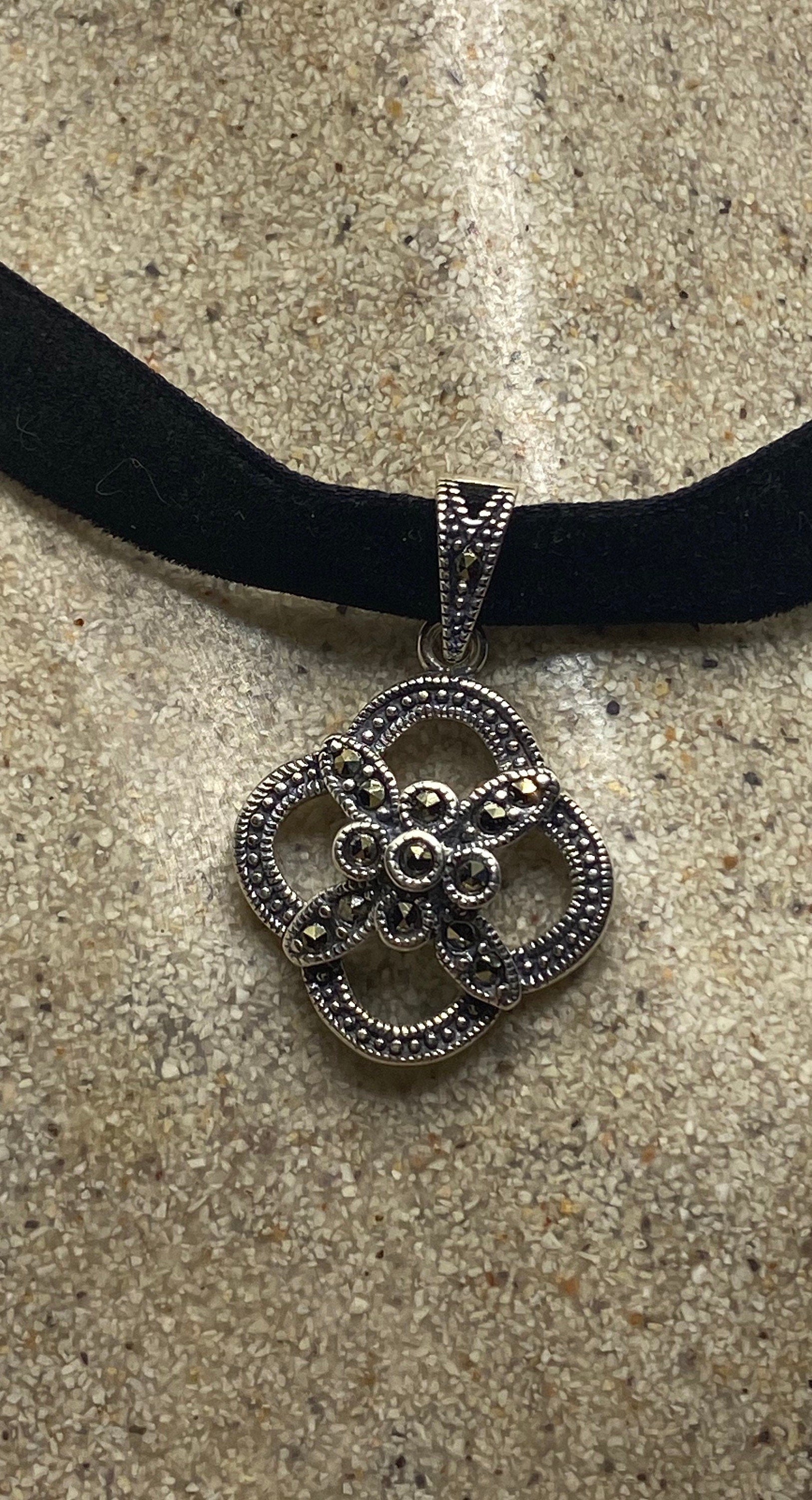 Vintage Marcasite Choker 925 Sterling Silver Deco Pearl Pendant Necklace