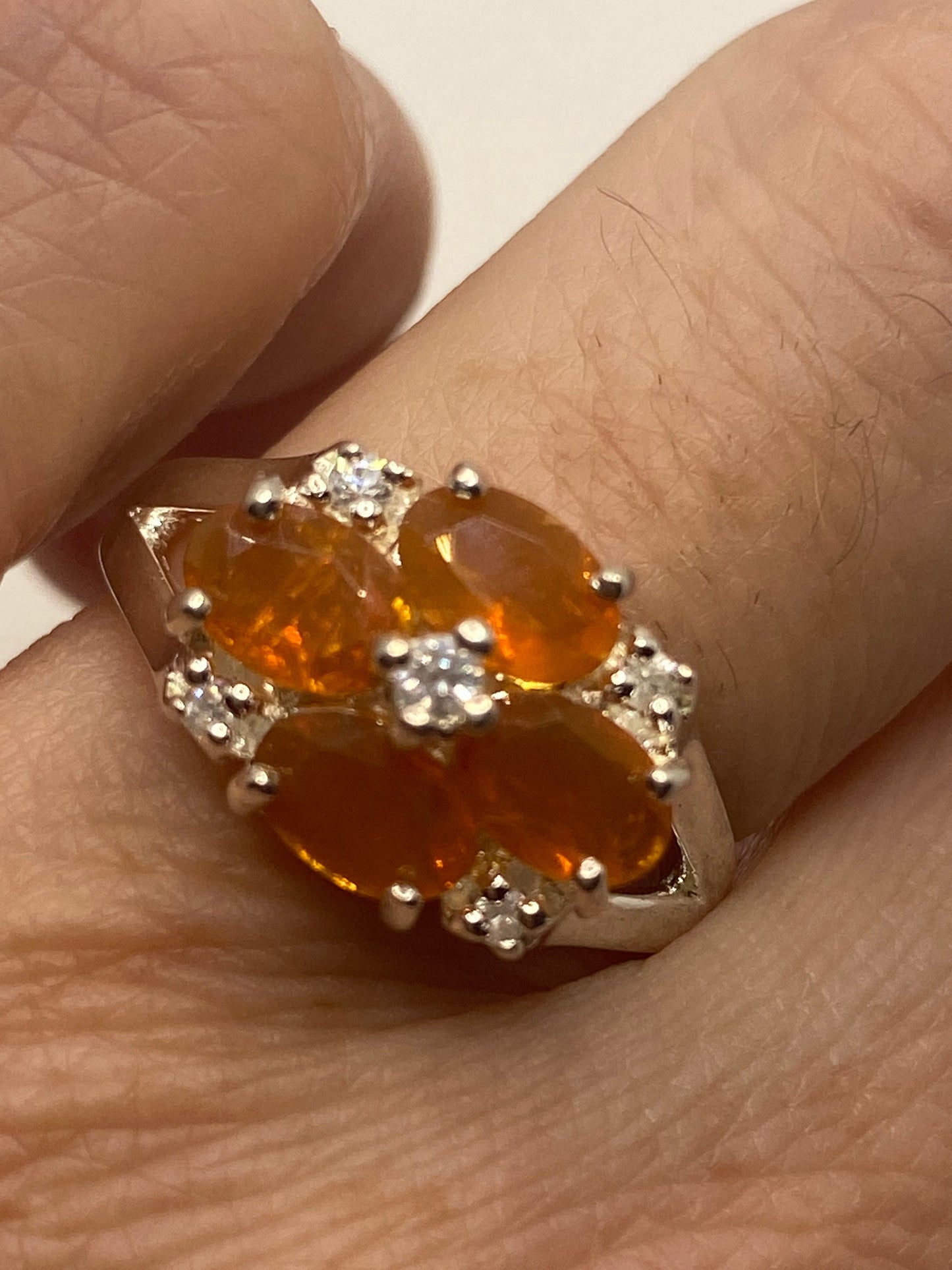Vintage Fire Opal Ring White Sapphire 925 Sterling Silver Cocktail