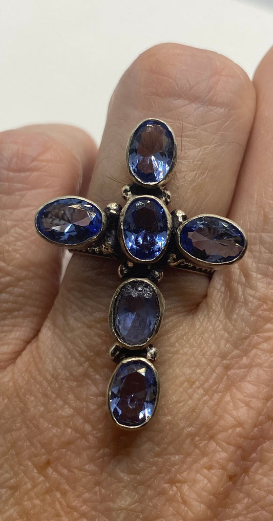 Vintage Genuine Blue Iolite Cross Silver Ring
