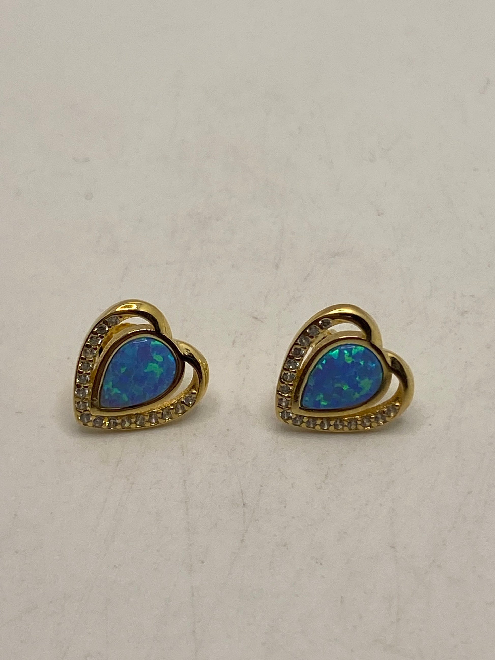 Vintage Opal Heart Earrings Golden 925 Sterling Silver Stud Button