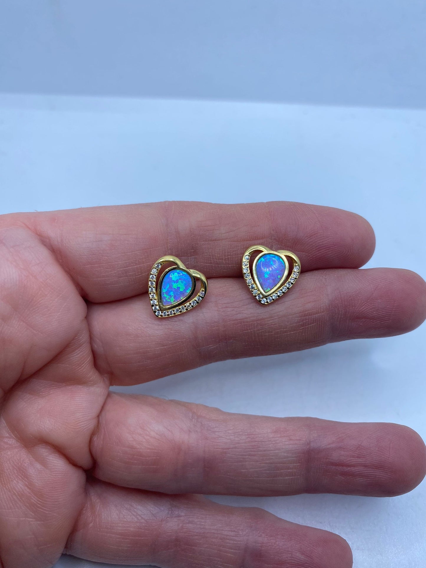 Vintage Opal Heart Earrings Golden 925 Sterling Silver Stud Button