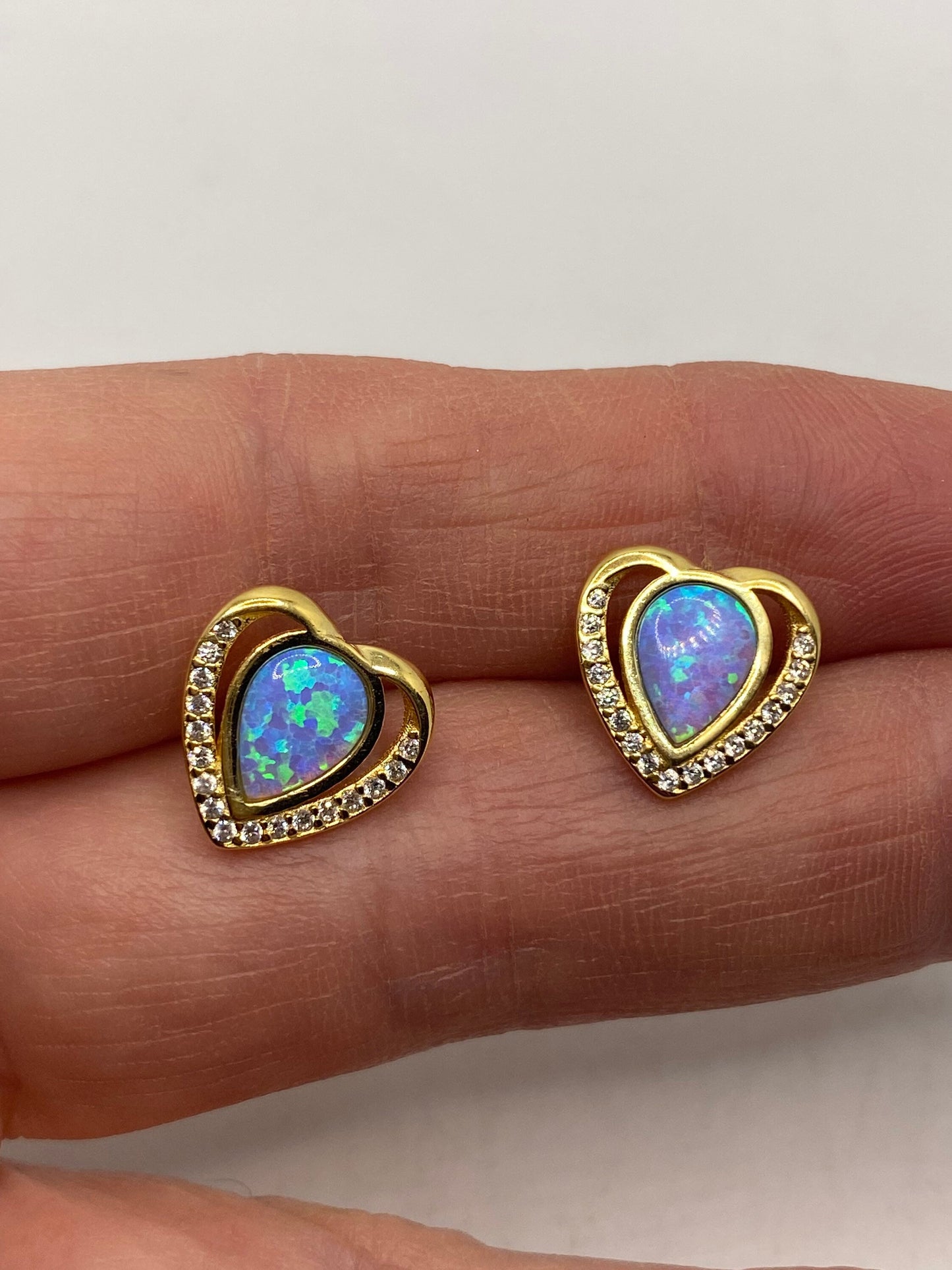 Vintage Opal Heart Earrings Golden 925 Sterling Silver Stud Button