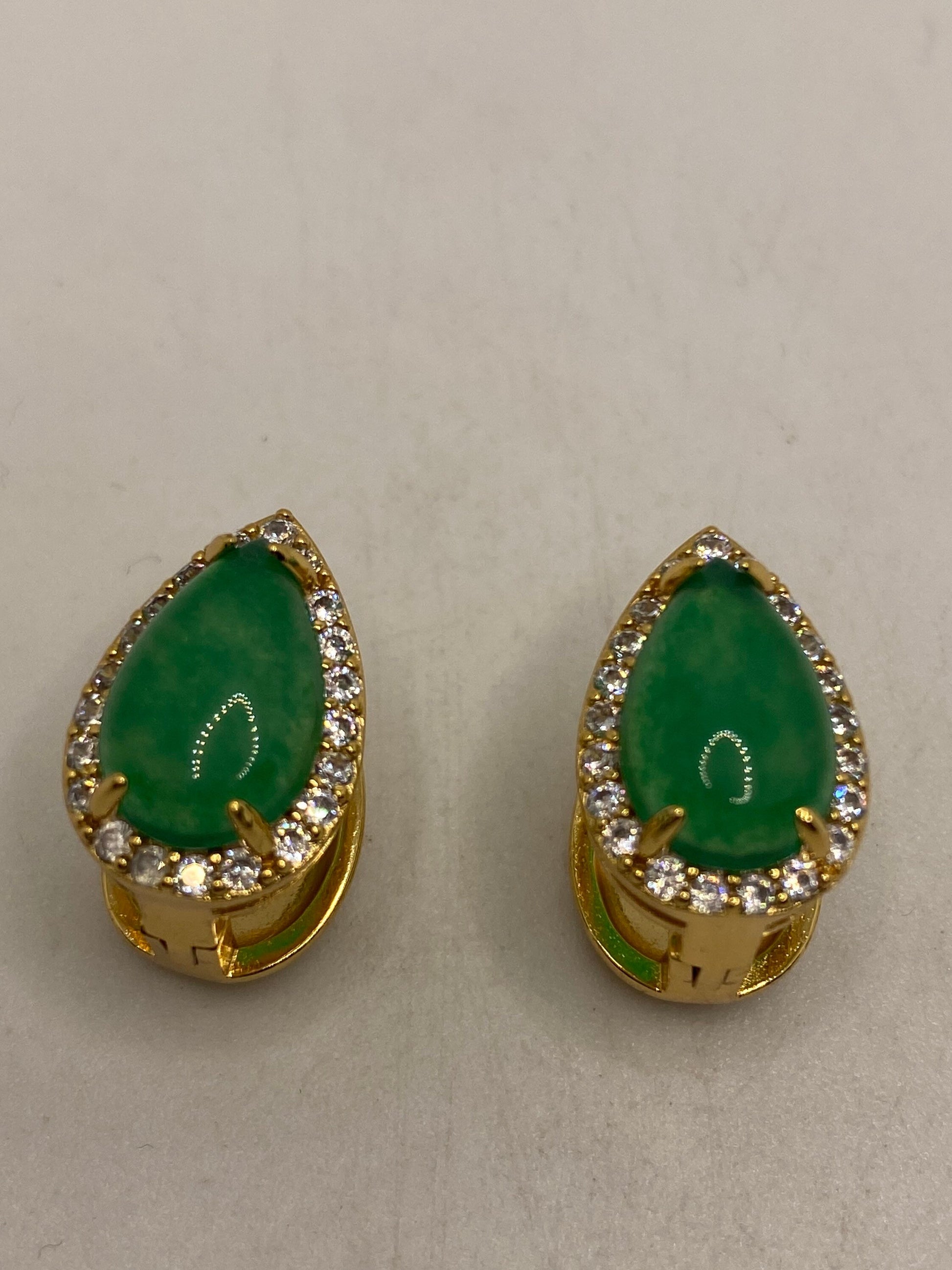 Vintage Green Jade Golden Bronze Earrings