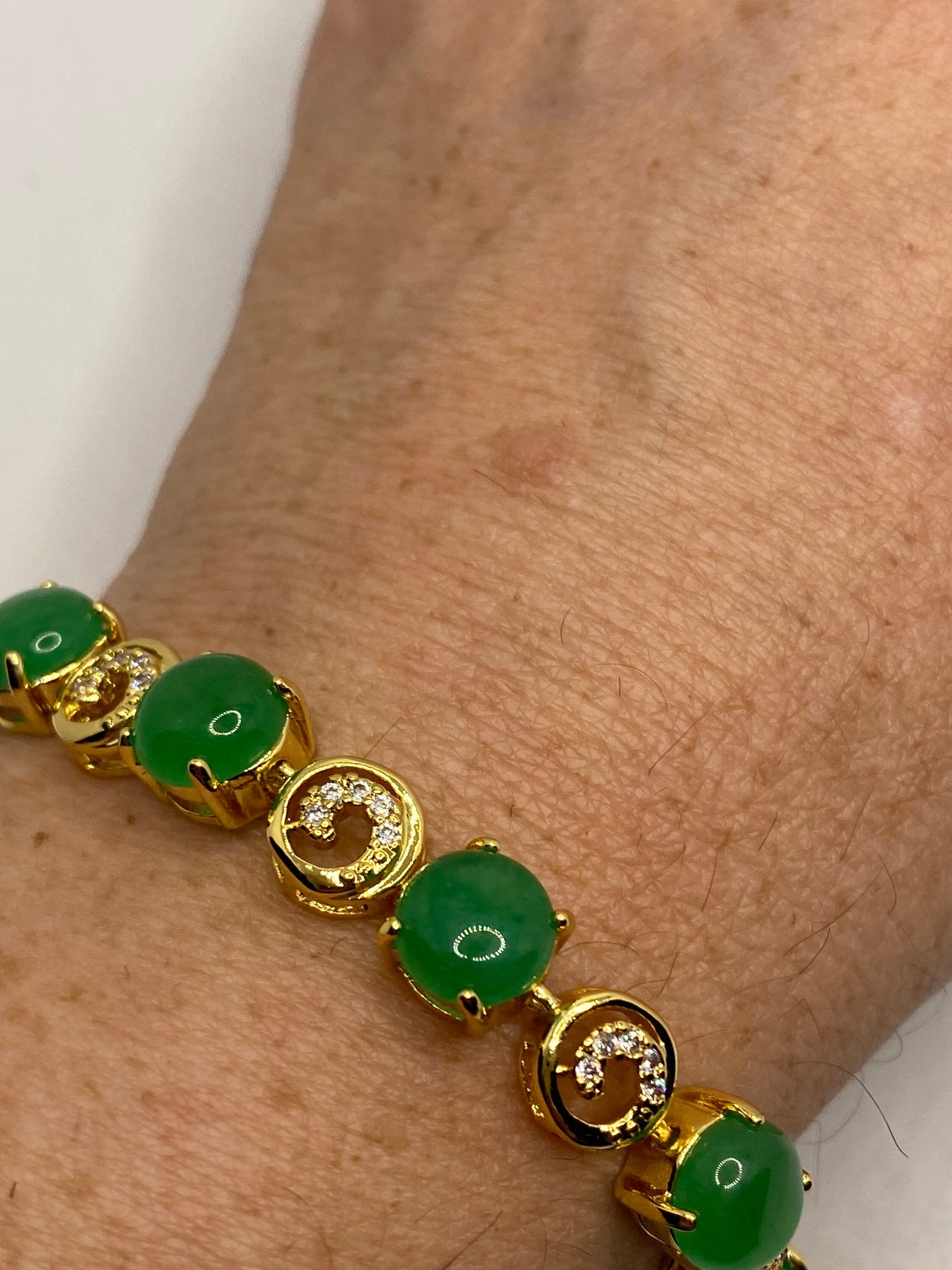 Vintage Green Jade Bracelet Golden Bronze