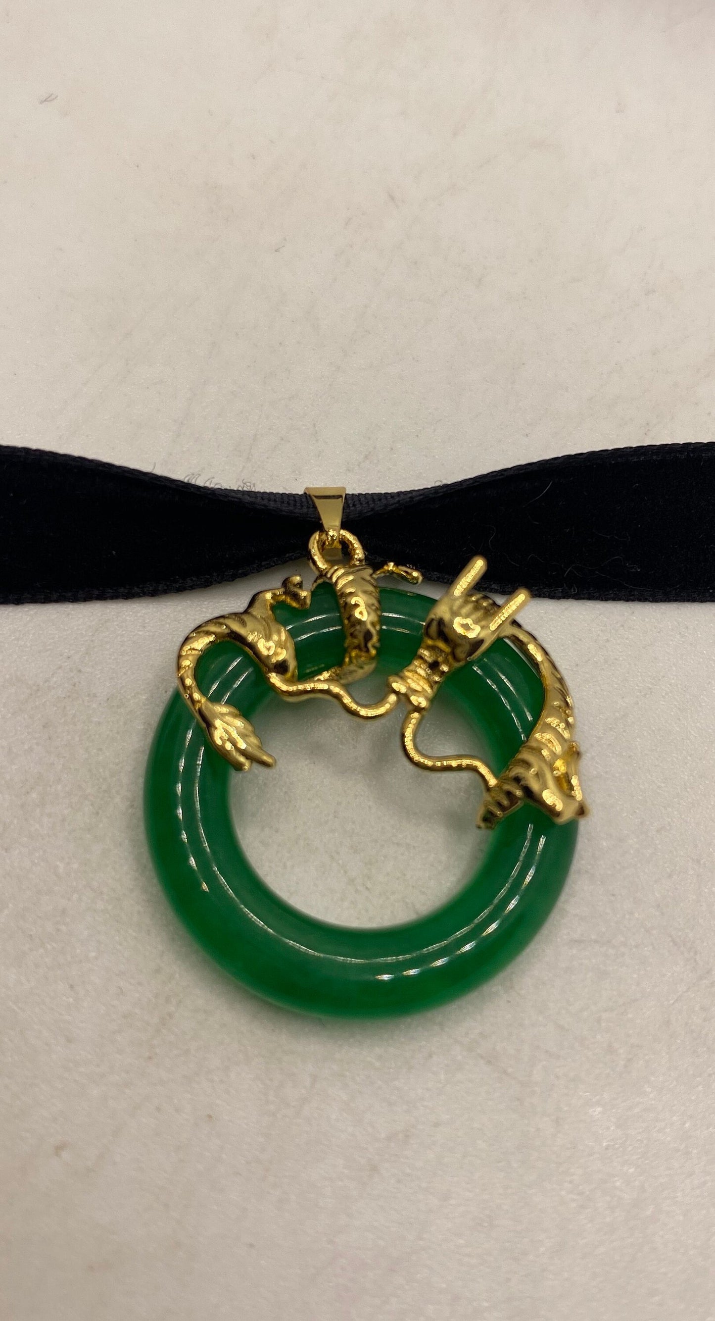 Vintage Green Jade Choker Golden Bronze Dragon Necklace Pendant