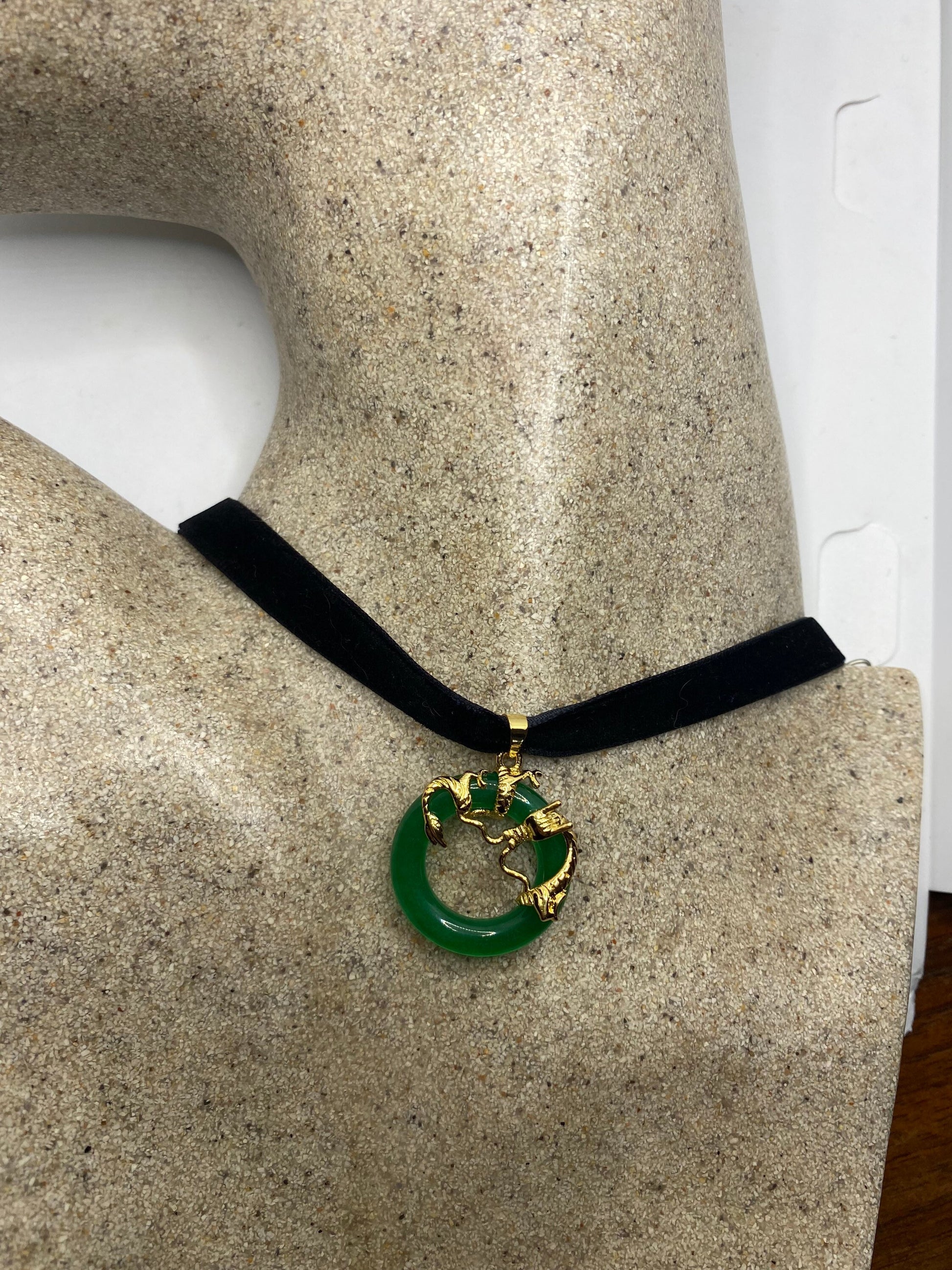 Vintage Green Jade Choker Golden Bronze Dragon Necklace Pendant