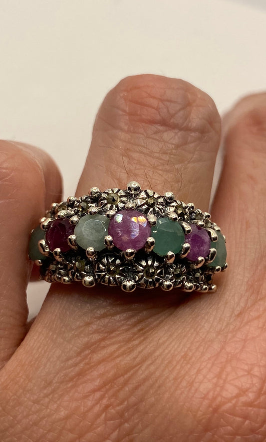 Vintage Green Emerald Ruby Marcasite 925 Sterling Silver Cocktail Ring