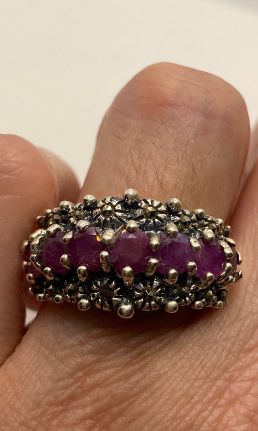 Vintage Red Ruby Marcasite 925 Sterling Silver Cocktail Ring