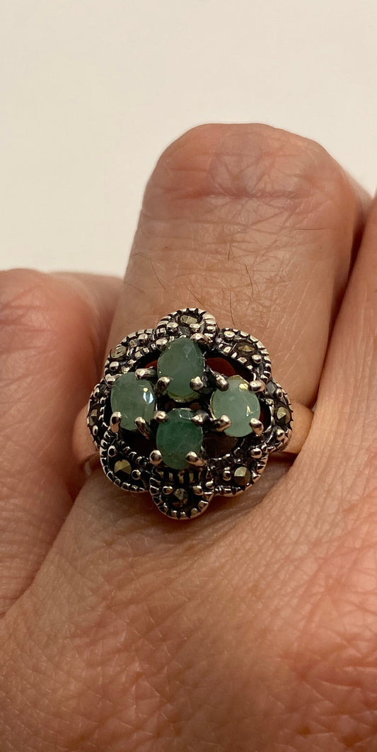 Vintage Green Emerald Marcasite 925 Sterling Silver Cocktail Ring