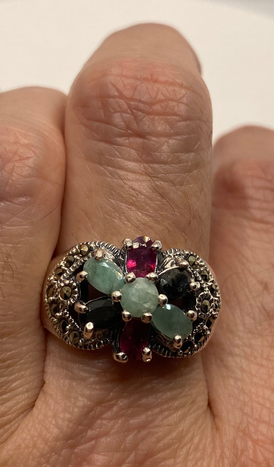 Vintage Emerald, Ruby, Sapphire Marcasite 925 Sterling Silver Cocktail Ring