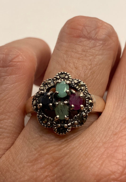 Vintage Emerald, Ruby, Sapphire Marcasite 925 Sterling Silver Cocktail Ring