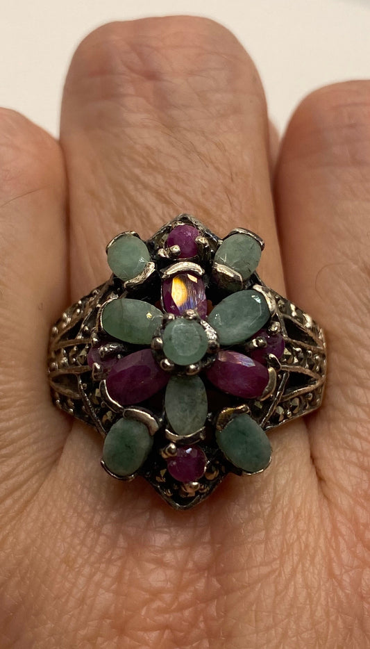 Vintage Green Emerald Ruby Marcasite 925 Sterling Silver Cocktail Ring