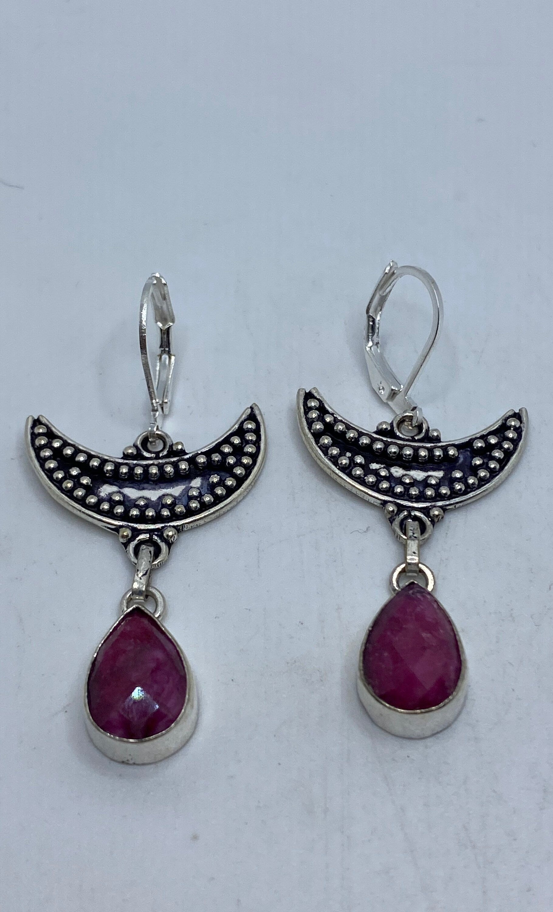 Vintage Raw Ruby LeverBack 925 Sterling Silver Wiccan Moon Earrings