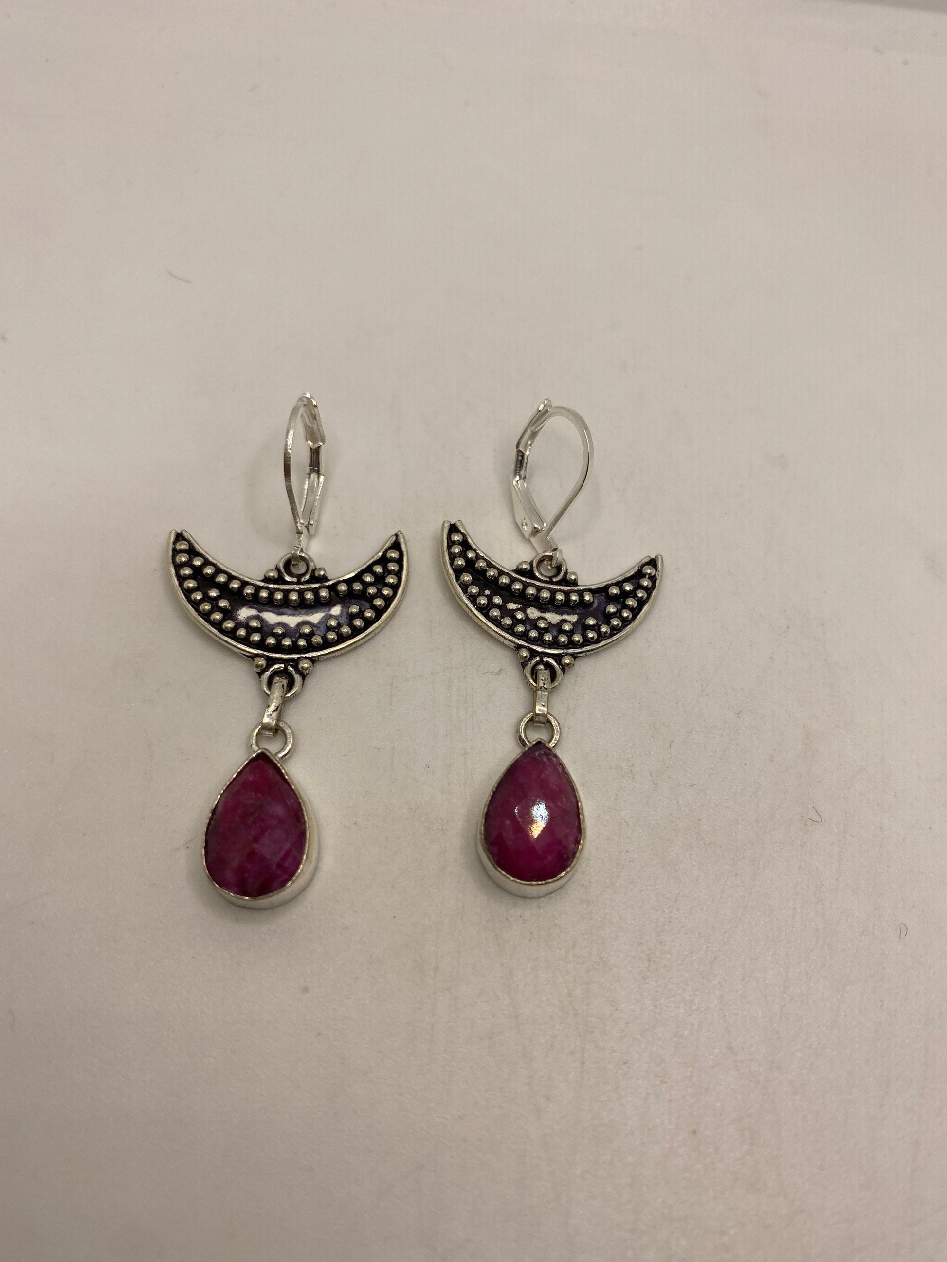 Vintage Raw Ruby LeverBack 925 Sterling Silver Wiccan Moon Earrings