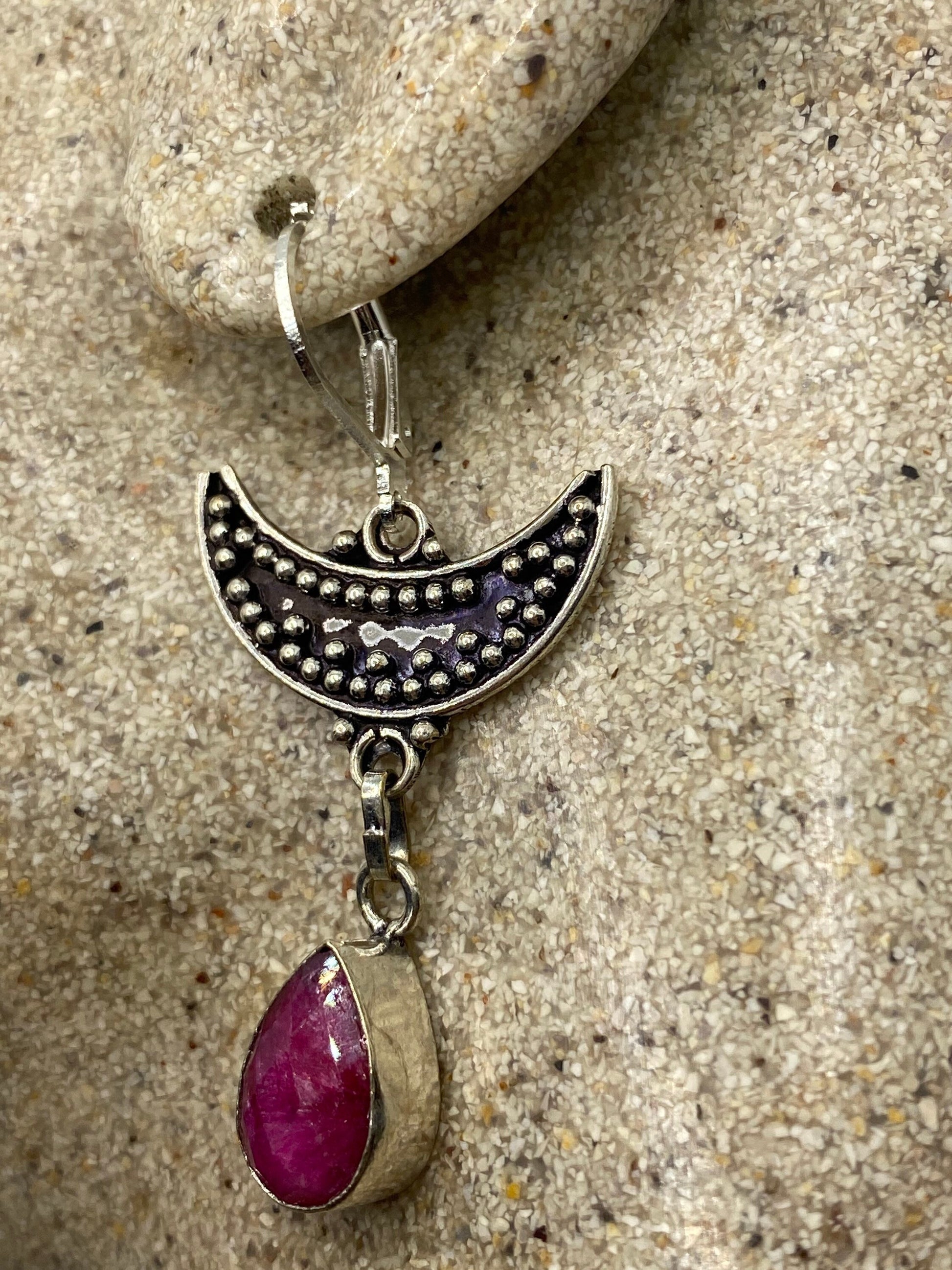 Vintage Raw Ruby LeverBack 925 Sterling Silver Wiccan Moon Earrings