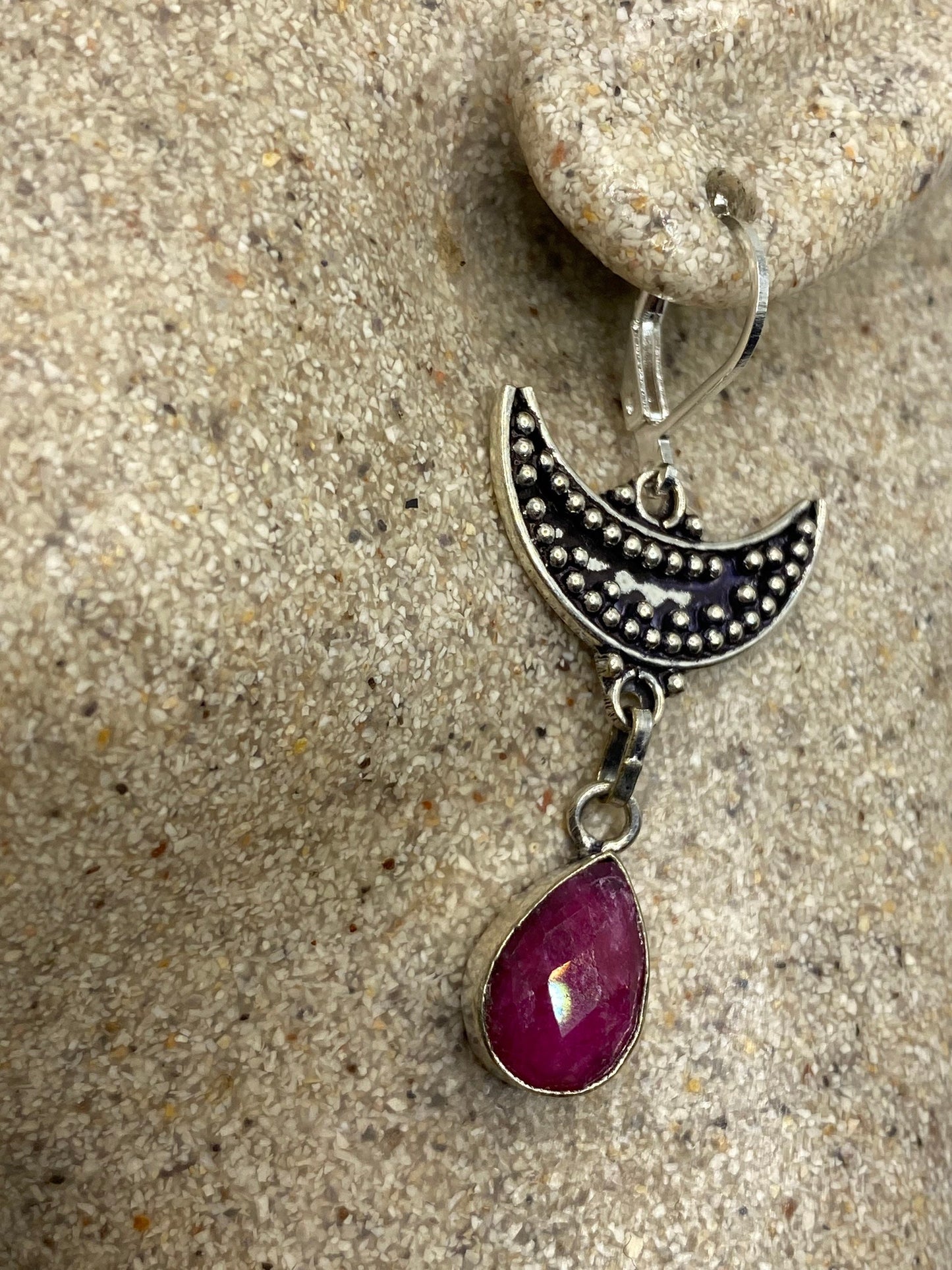 Vintage Raw Ruby LeverBack 925 Sterling Silver Wiccan Moon Earrings