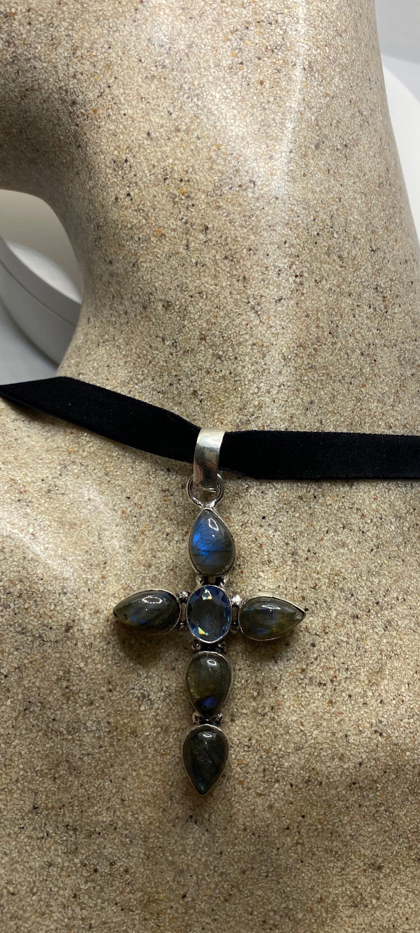 Vintage Rainbow Labradorite Cross Choker Pendant Necklace