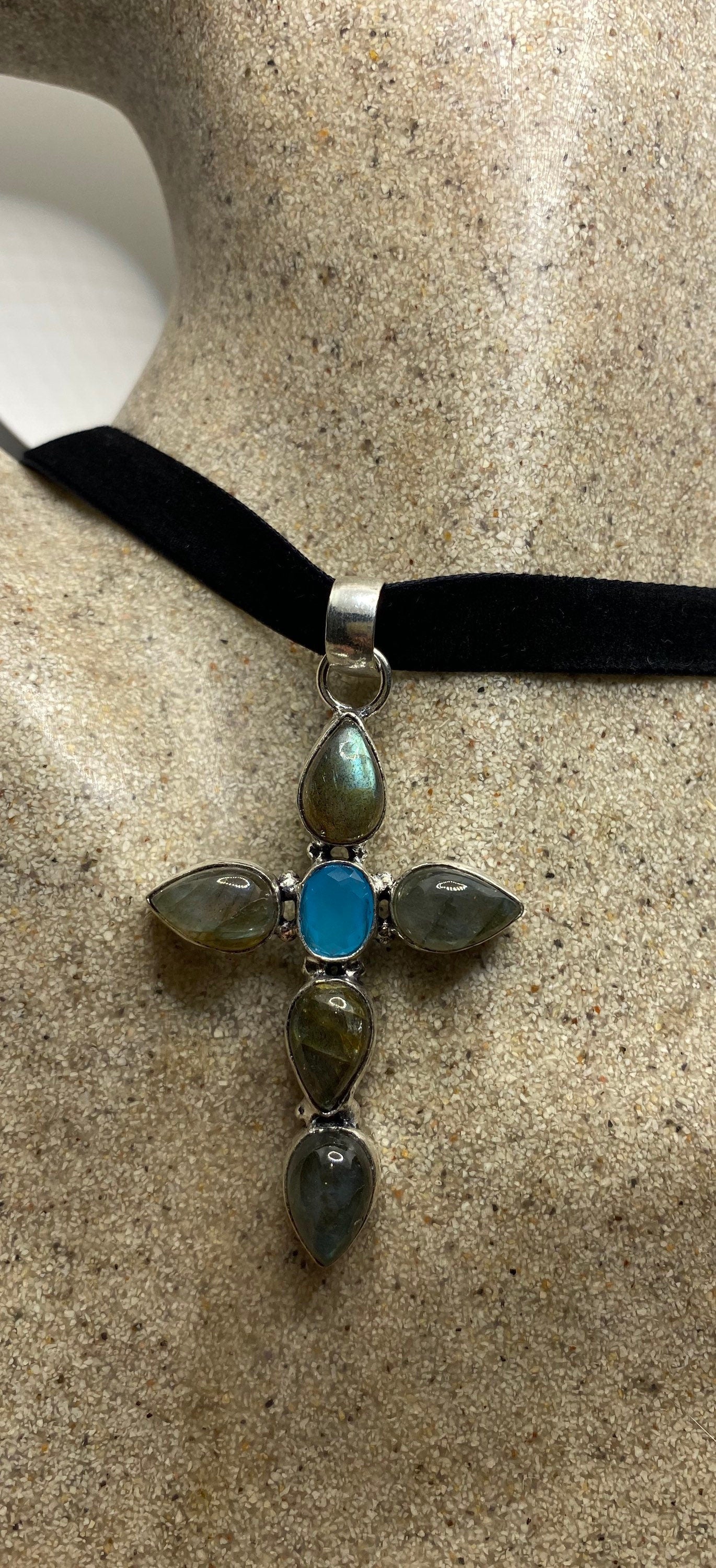 Vintage Rainbow Labradorite Cross Choker Pendant Necklace