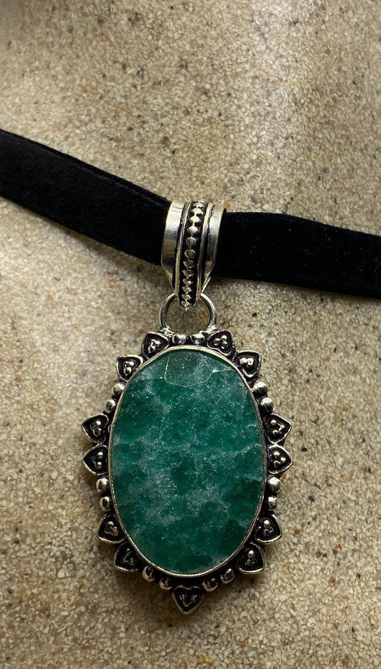 Vintage Green Raw Emerald Crystal Black Velvet Choker Pendant