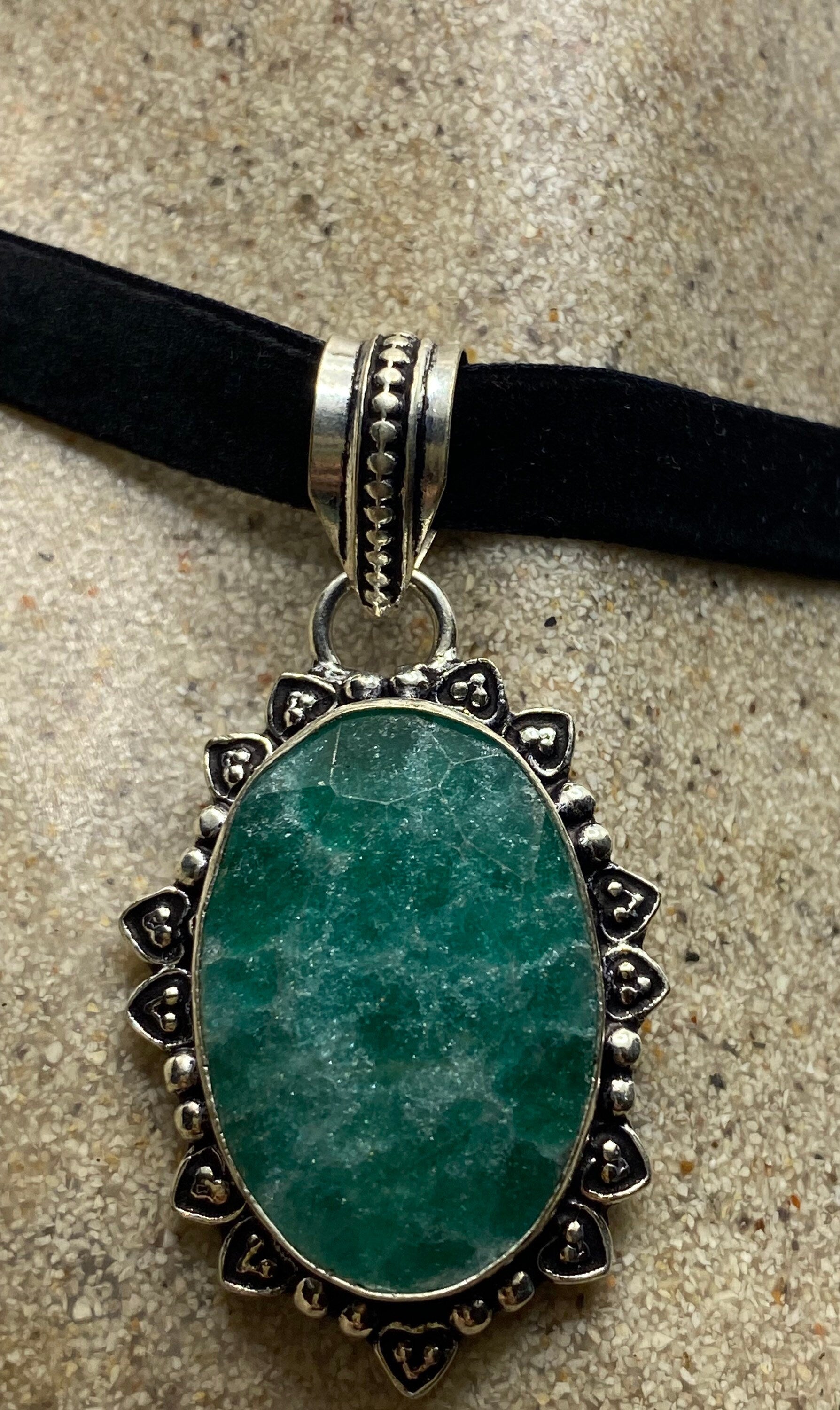 Vintage Green Raw Emerald Crystal Black Velvet Choker Pendant