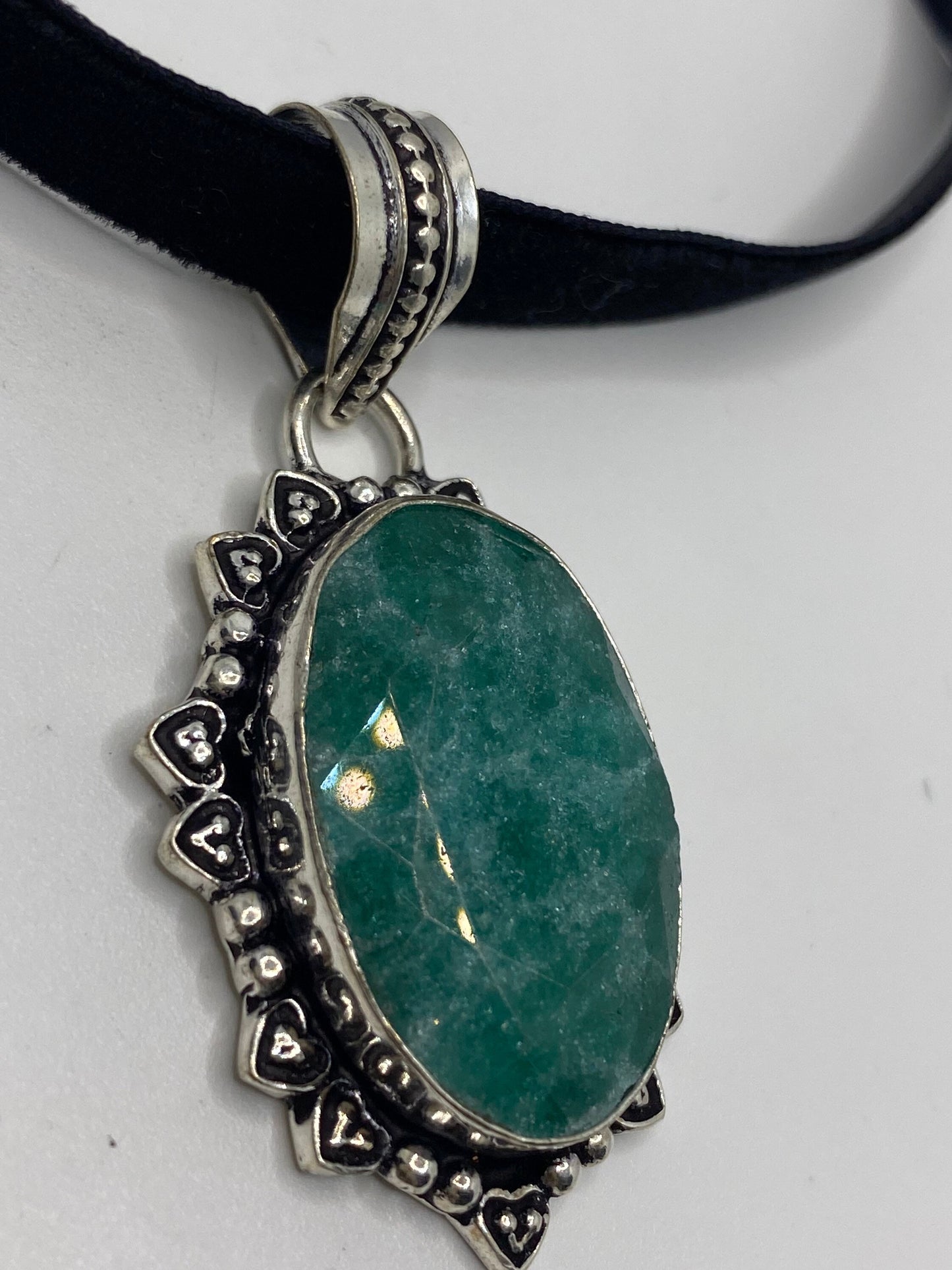 Vintage Green Raw Emerald Crystal Black Velvet Choker Pendant