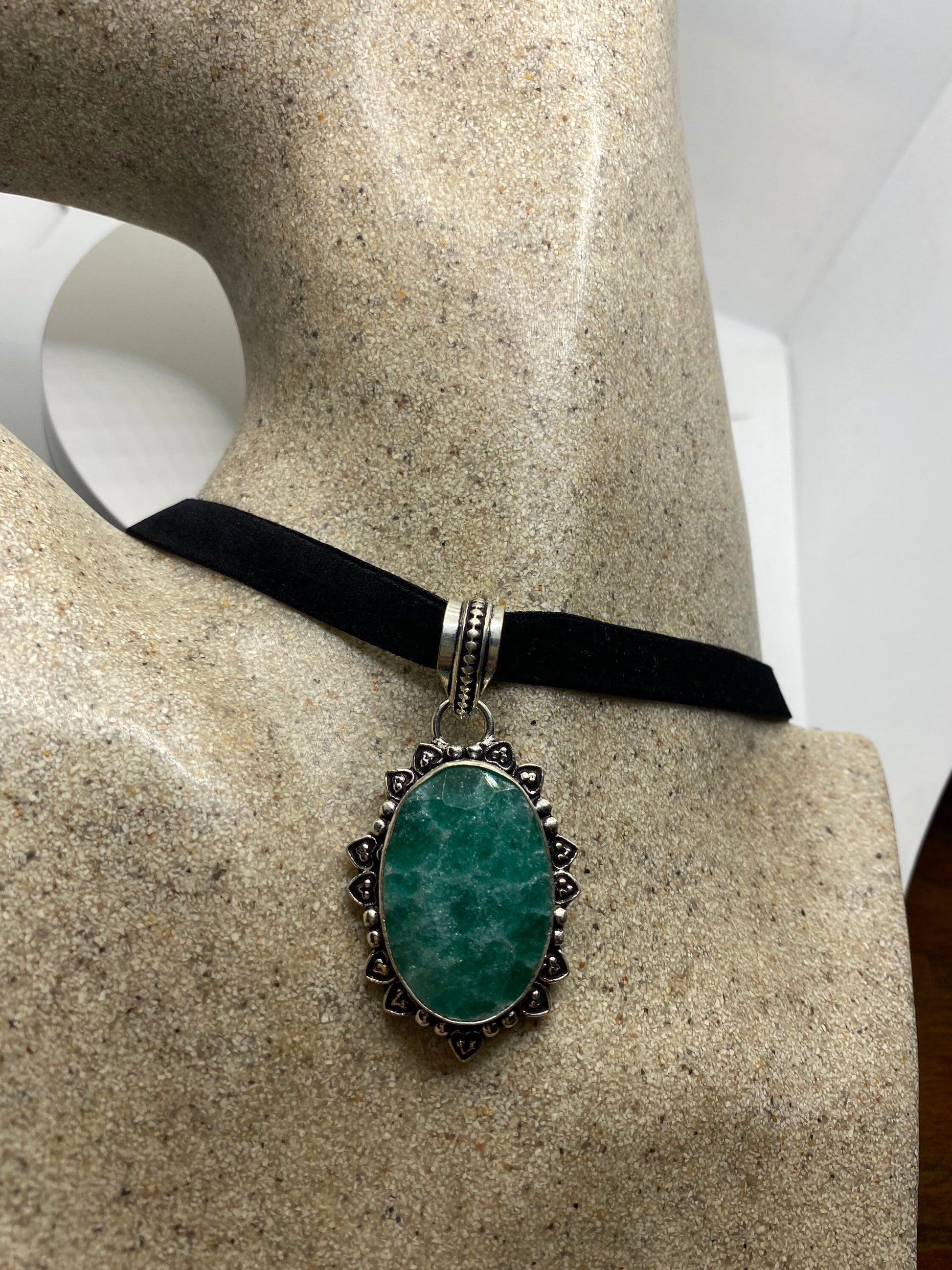 Vintage Green Raw Emerald Crystal Black Velvet Choker Pendant