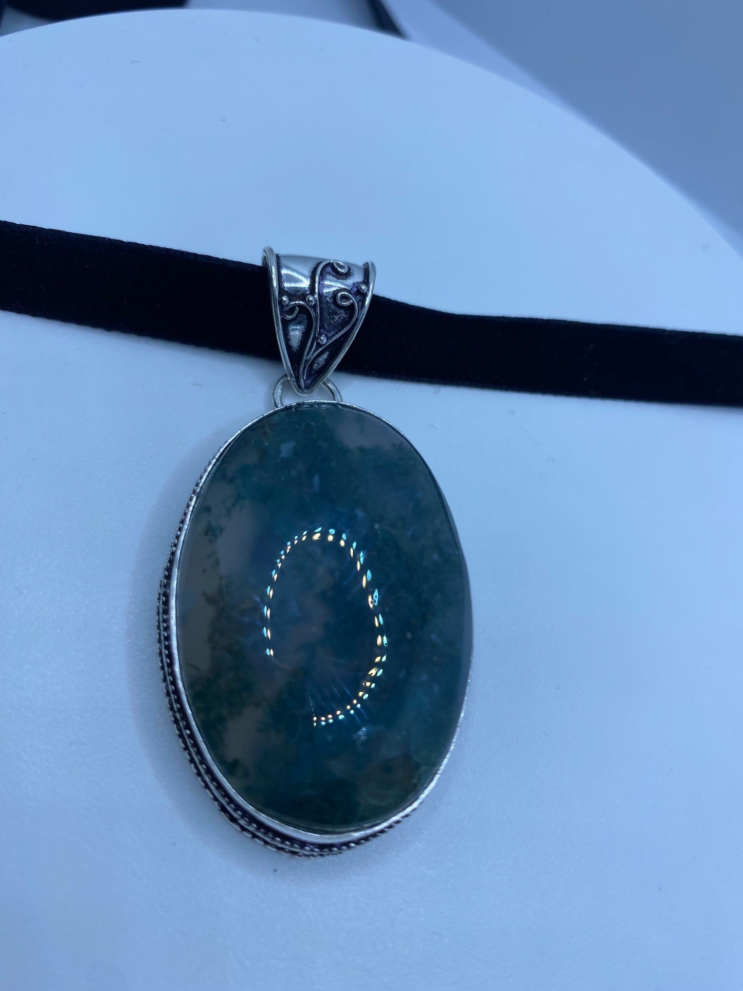 Vintage Green Moss Agate Silver Finish Necklace